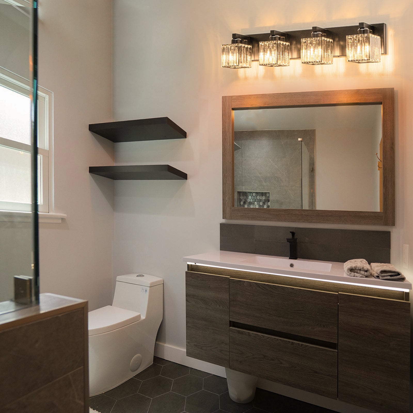 Glowlings 3/4/5-Light Modern Matte Black Square Crystal Bathroom Vanity Light Fixtures Over Mirror