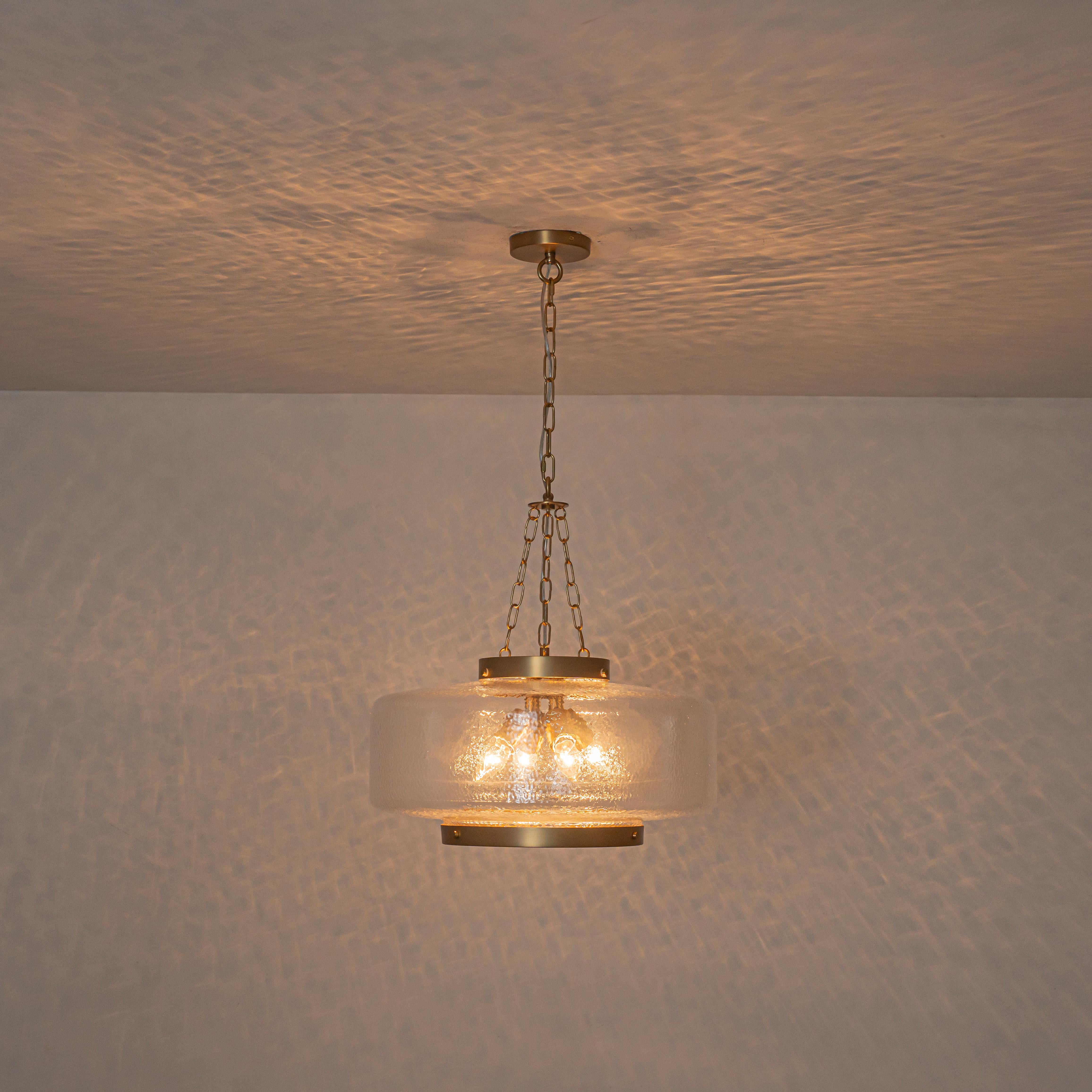 Glowlings 4-Light Modern 20"Wide Brass Glass Drum Chandelier,Textured Clear Water Ripple Glass Pendant Light