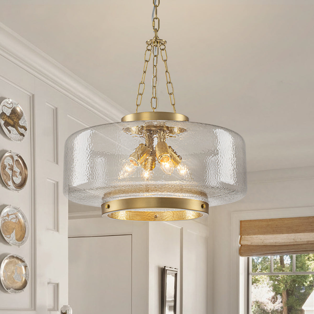 Glowlings 4-Light Modern 20"Wide Brass Glass Drum Chandelier,Textured Clear Water Ripple Glass Pendant Light