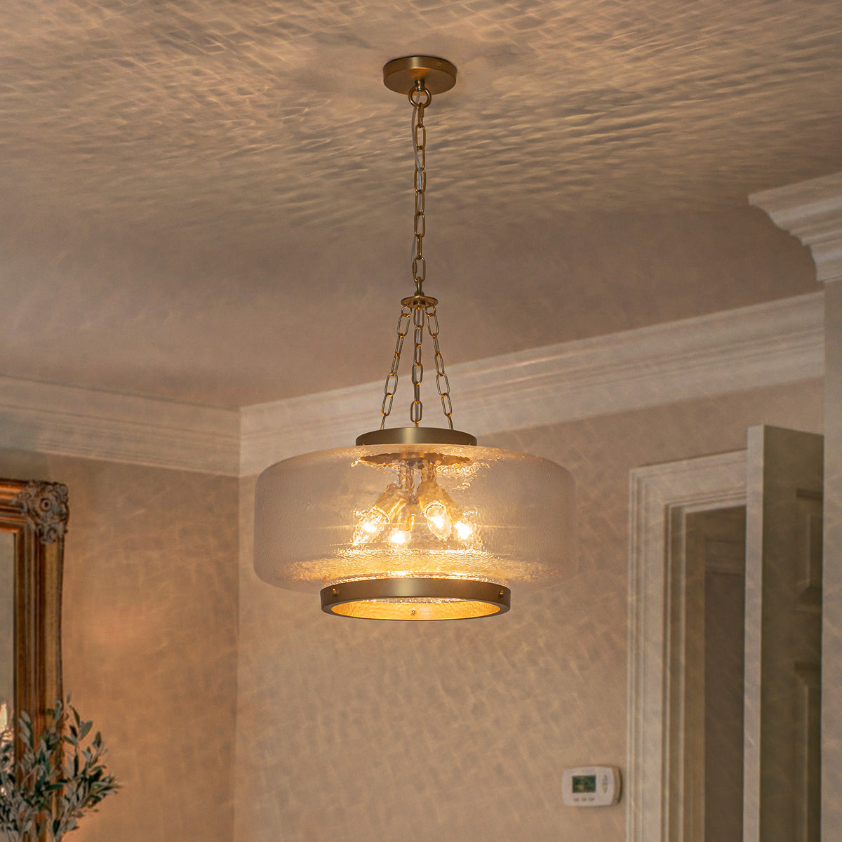 Glowlings 4-Light Modern 20"Wide Brass Glass Drum Chandelier,Textured Clear Water Ripple Glass Pendant Light