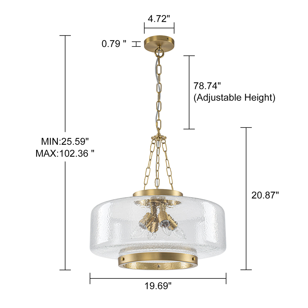Glowlings 4-Light Modern 20"Wide Brass Glass Drum Chandelier,Textured Clear Water Ripple Glass Pendant Light