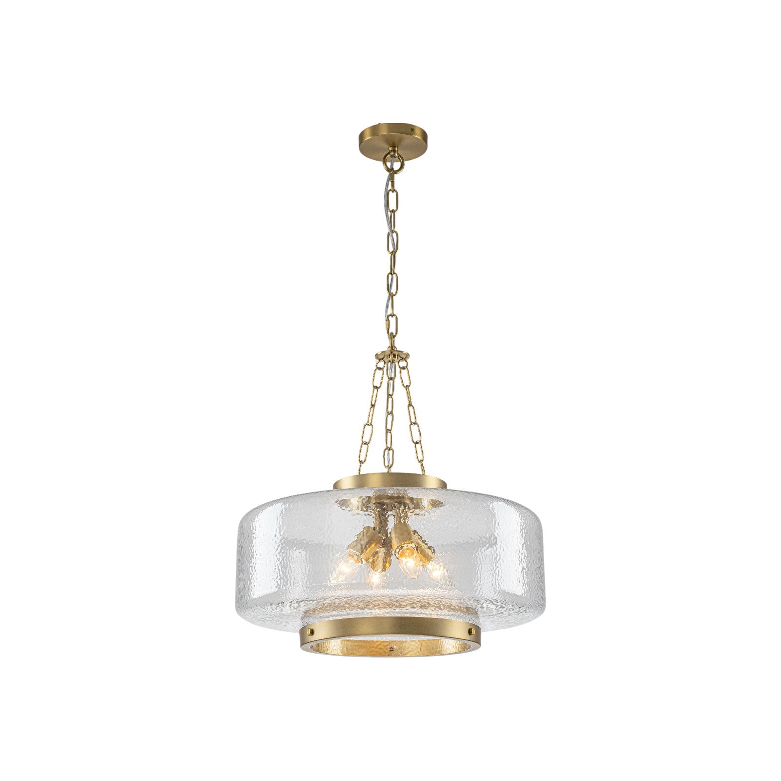 Glowlings 4-Light Modern 20"Wide Brass Glass Drum Chandelier,Textured Clear Water Ripple Glass Pendant Light