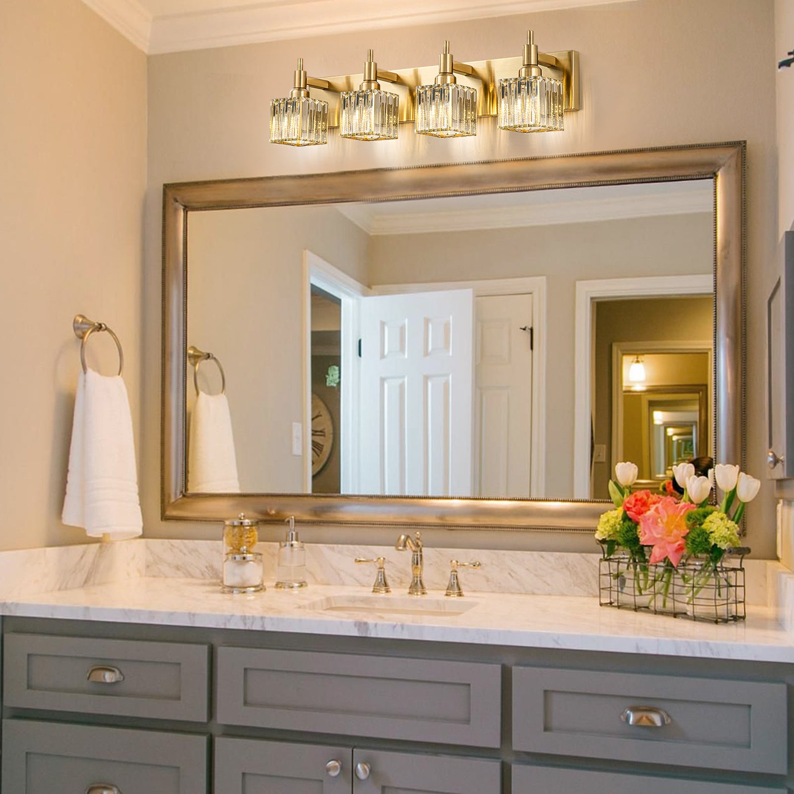 Glowlings 3/4/5-Light Modern Brass Square Crystal Bathroom Vanity Light fixture Over Mirror