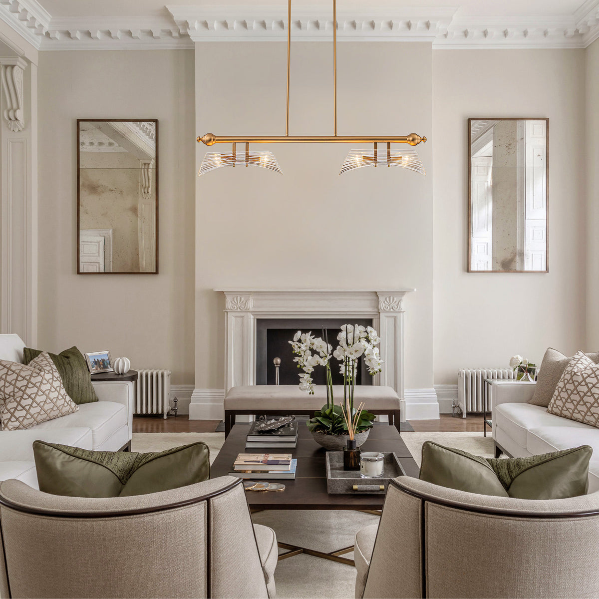 Glowlings 4-Light Modern 41"Wide Large Brushed Brass Ribbed Arched Glass Linear Chandelier Island Light