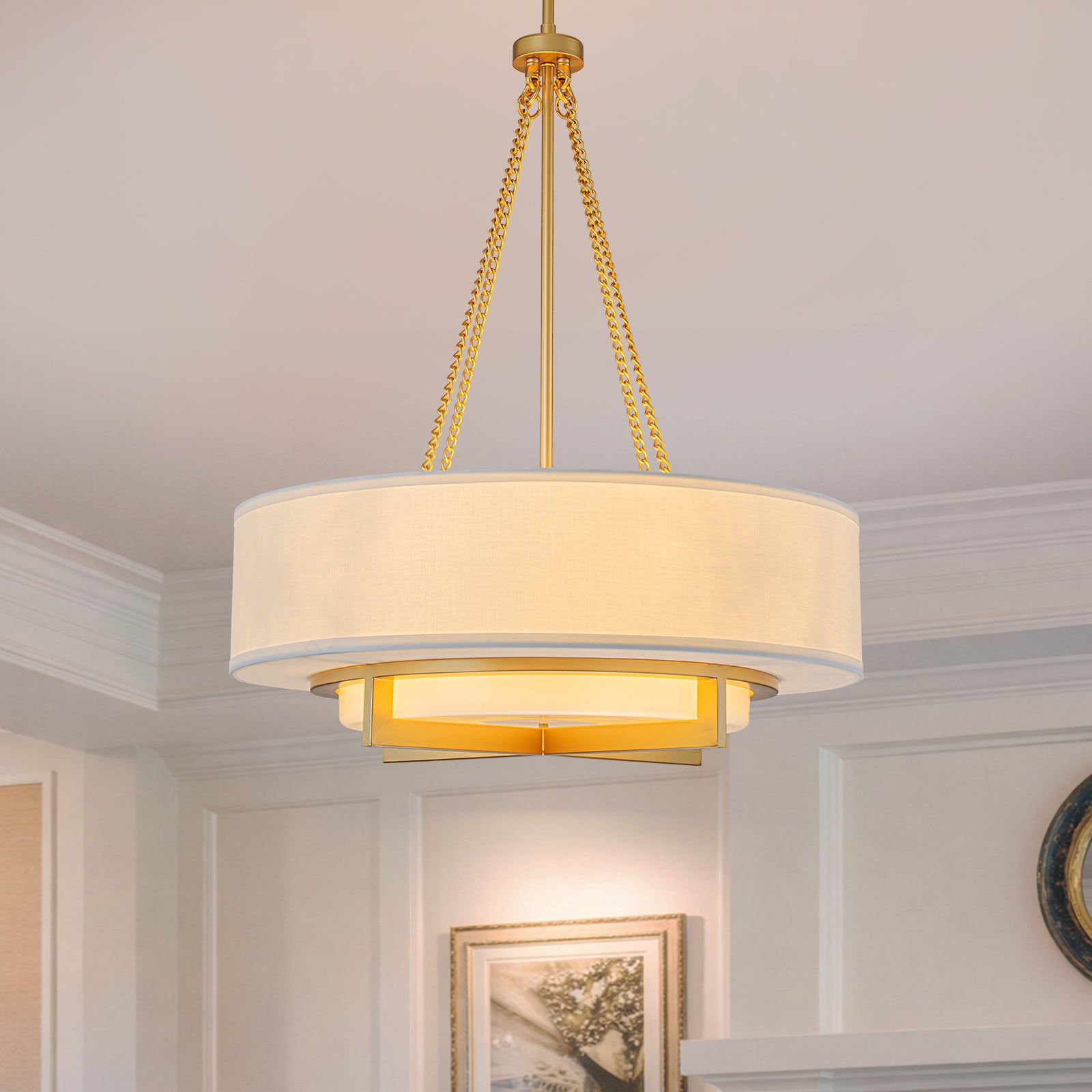 Glowlings 4-Light Modern 24"Wide Brushed Gold Drum Chandelier with Off-White Linen Shade & Opal Glass