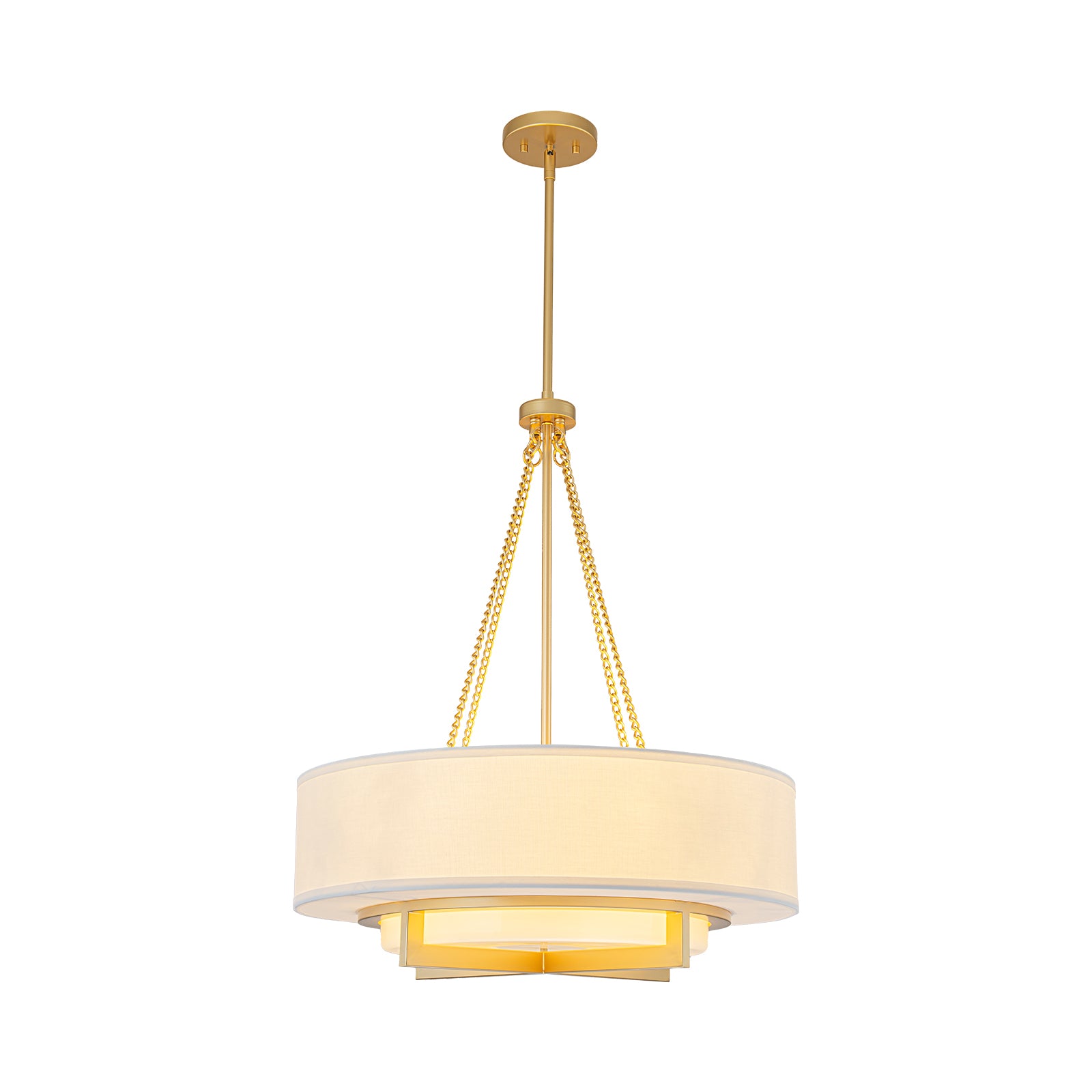 Glowlings 4-Light Modern 24"Wide Brushed Gold Drum Chandelier with Off-White Linen Shade & Opal Glass