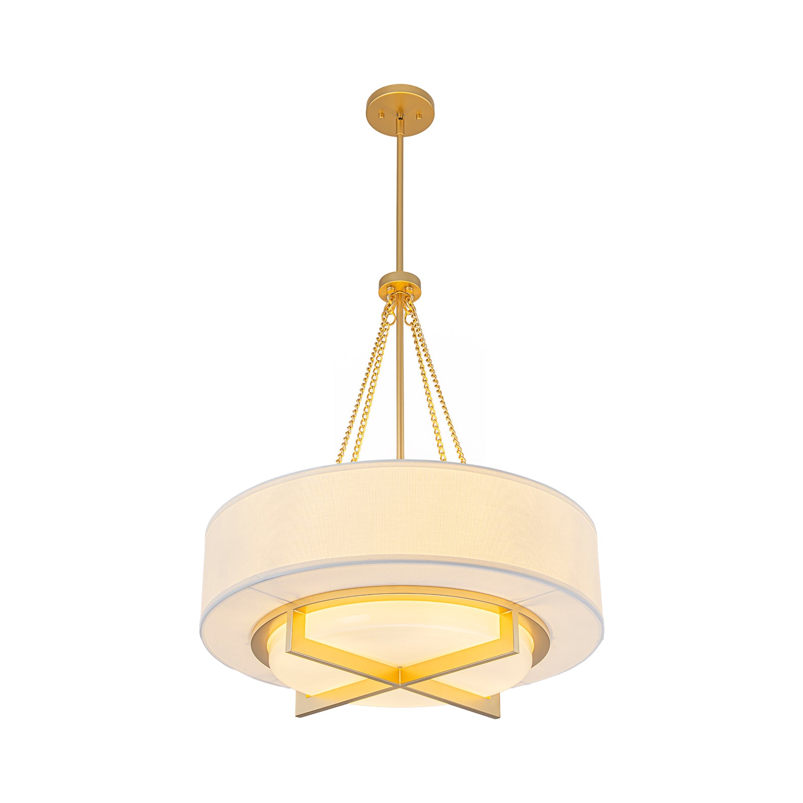 Glowlings 4-Light Modern 24"Wide Brushed Gold Drum Chandelier with Off-White Linen Shade & Opal Glass