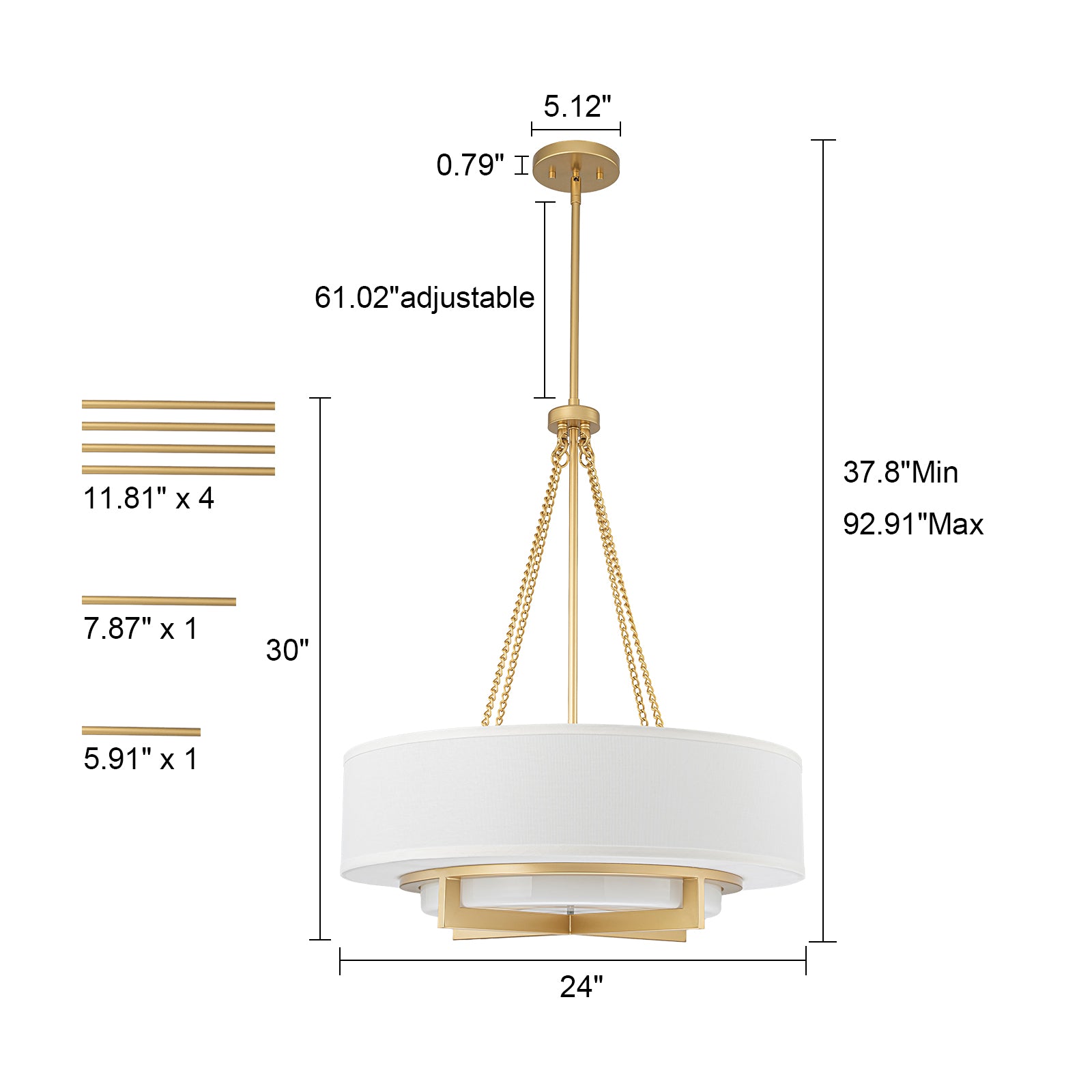 Glowlings 4-Light Modern 24"Wide Brushed Gold Drum Chandelier with Off-White Linen Shade & Opal Glass