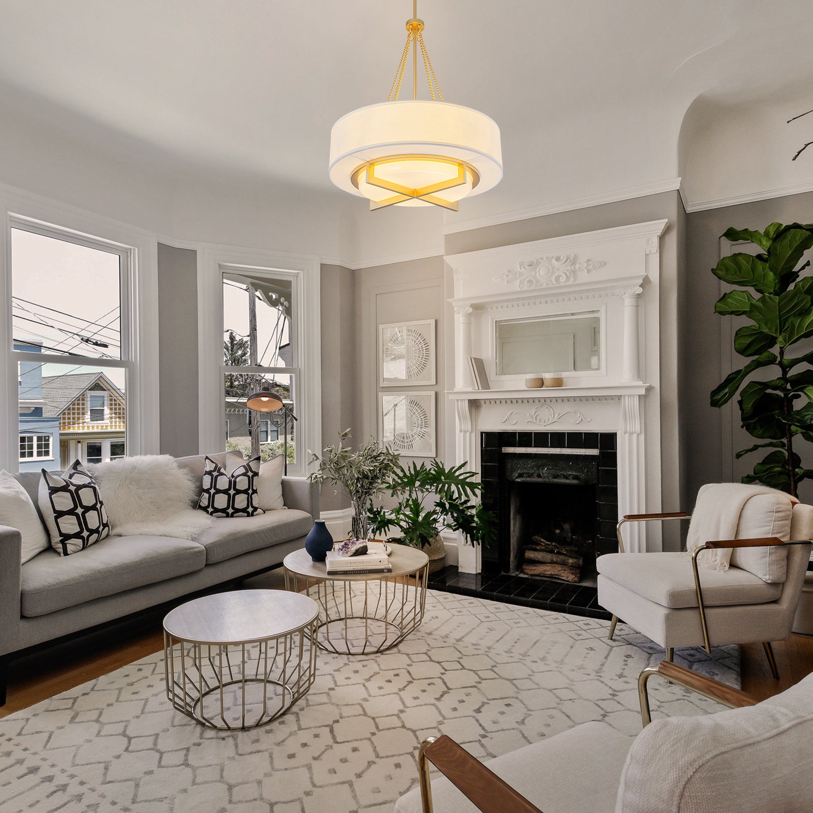 Glowlings 4-Light Modern 24"Wide Brushed Gold Drum Chandelier with Off-White Linen Shade & Opal Glass