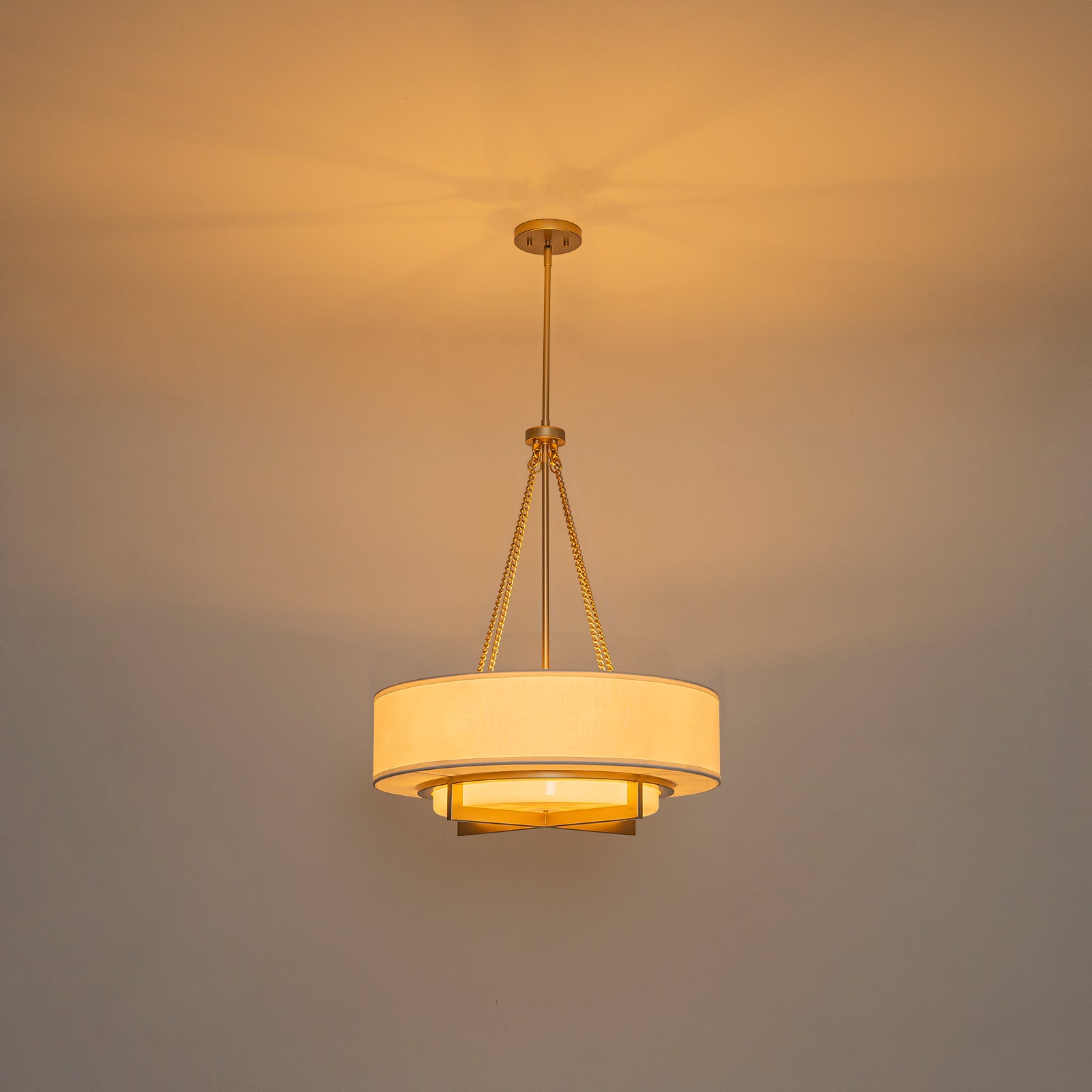 Glowlings 4-Light Modern 24"Wide Brushed Gold Drum Chandelier with Off-White Linen Shade & Opal Glass