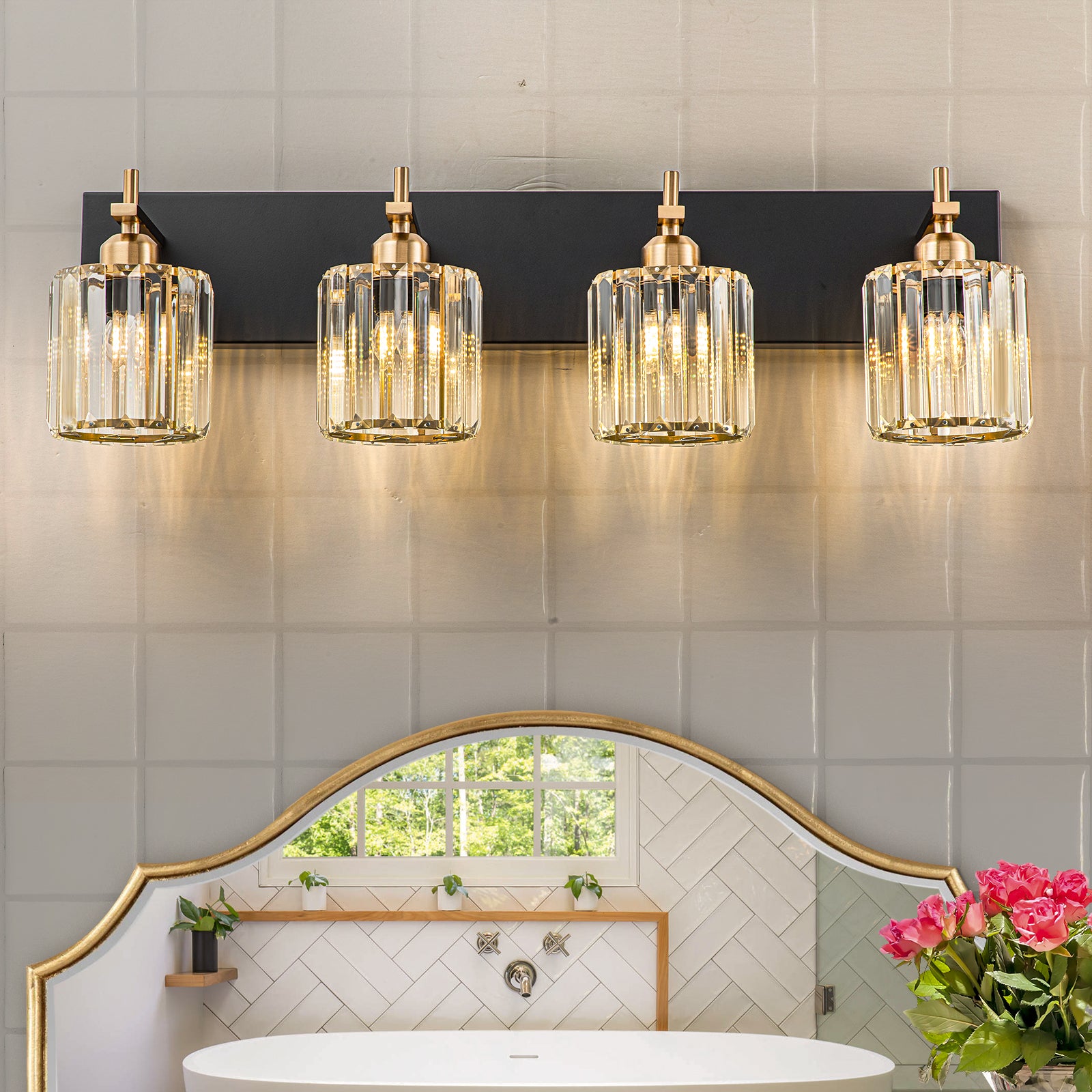 Glowlings 4-Light 28‘’ Modern Crystal Square Vanity Light For Bathroom