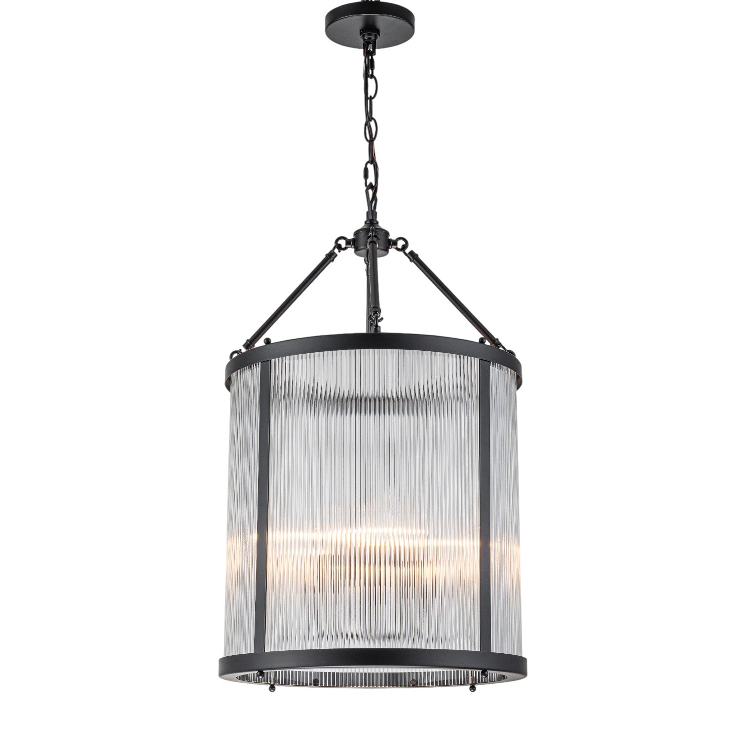 Glowlings 4-Light Modern 16"Wide Cylinder Lantern Clear Ribbed Glass Chandelier