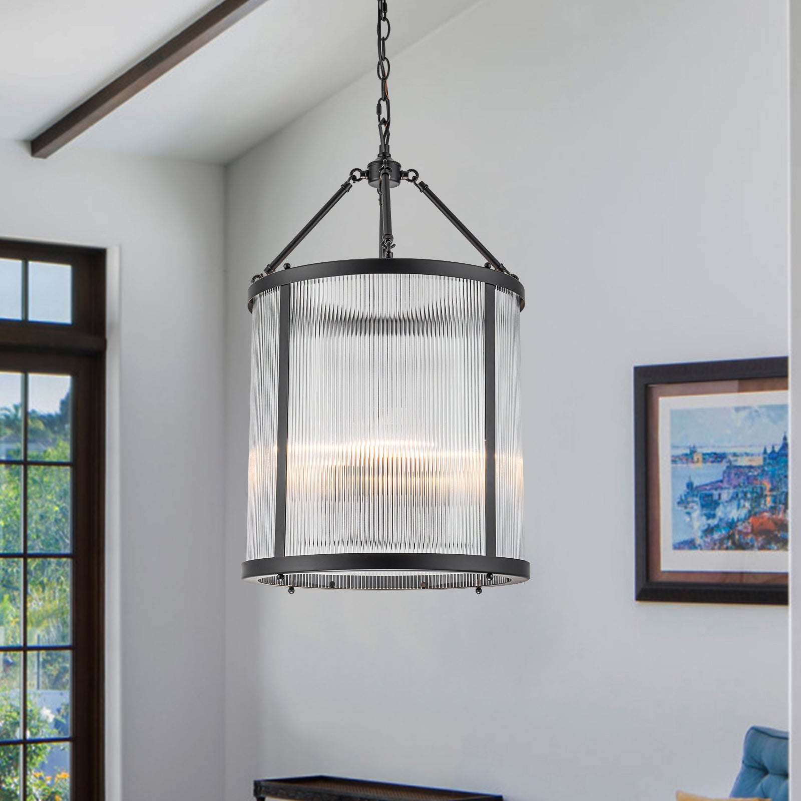 Glowlings 4-Light Modern 16"Wide Cylinder Lantern Clear Ribbed Glass Chandelier