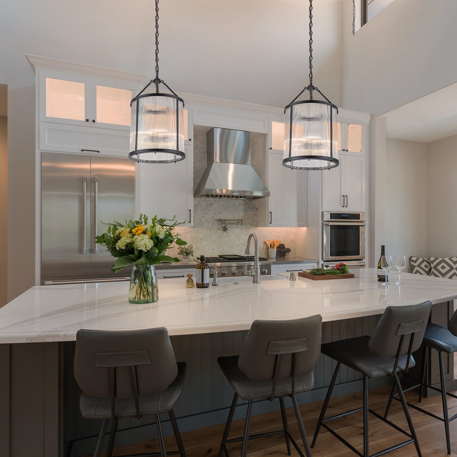 Glowlings 4-Light Modern 16"Wide Cylinder Lantern Clear Ribbed Glass Chandelier