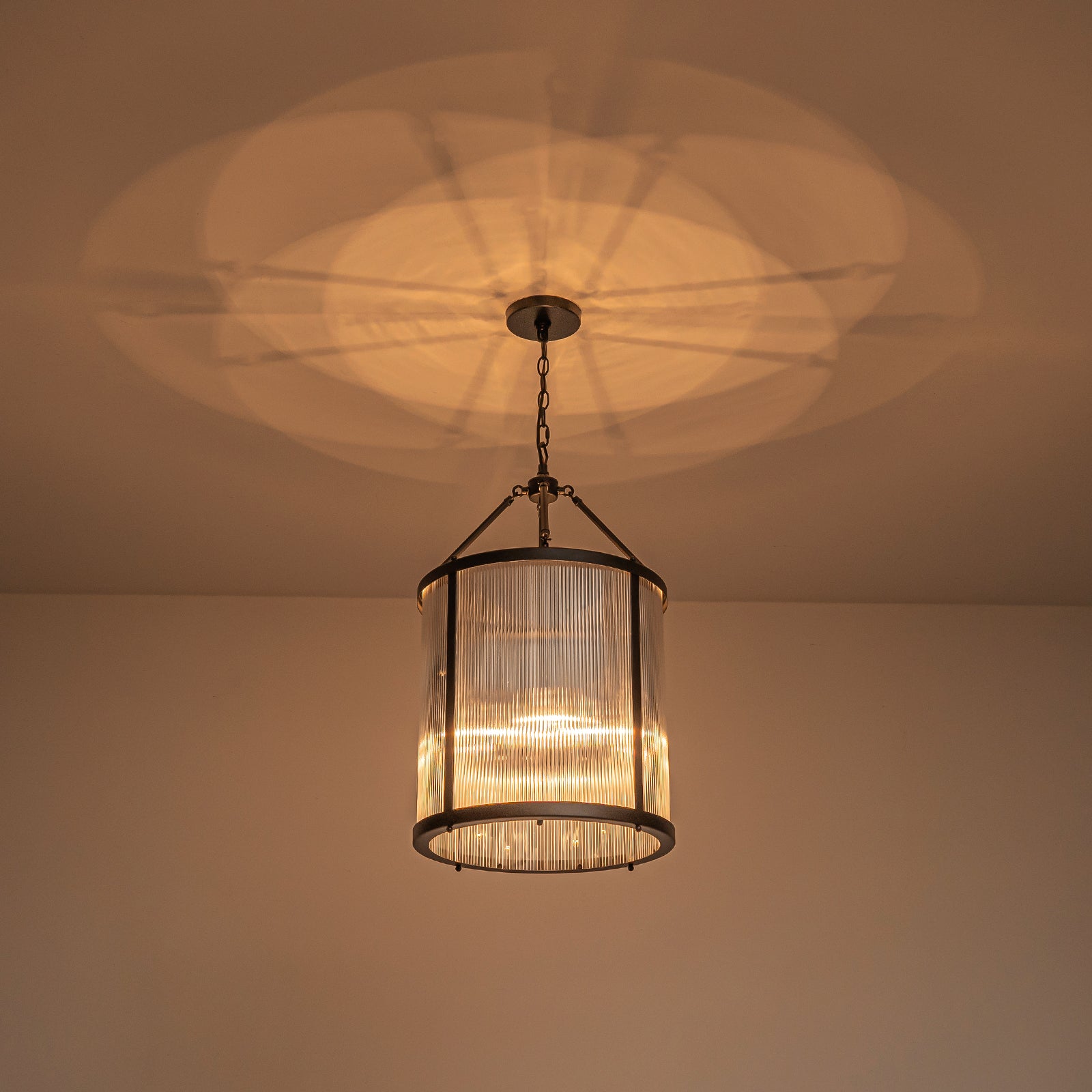 Glowlings 4-Light Modern 16"Wide Cylinder Lantern Clear Ribbed Glass Chandelier