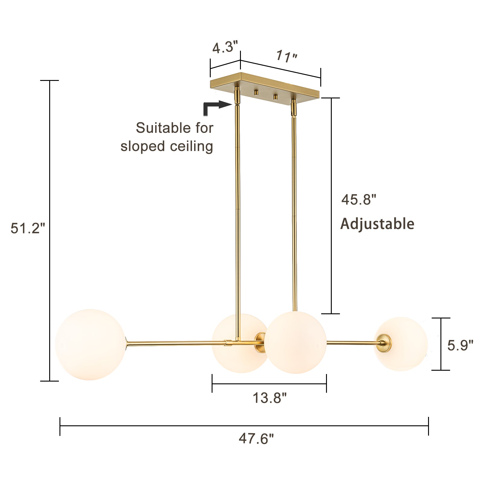 Glowlings 4-Light Modern Glam Globe Opal Glass Aged Brass Linear Pendant Light