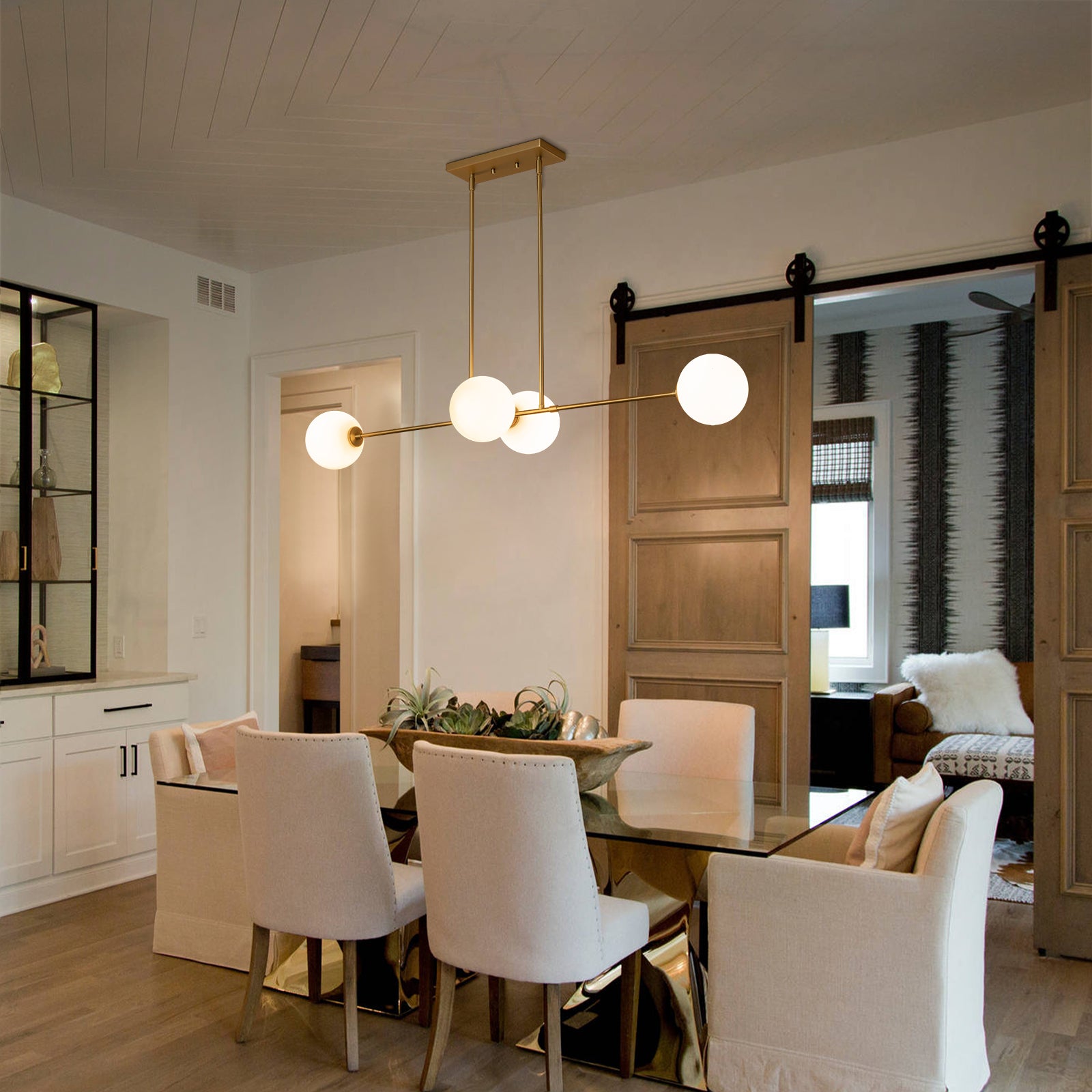 Glowlings 4-Light Modern Glam Globe Opal Glass Aged Brass Linear Pendant Light
