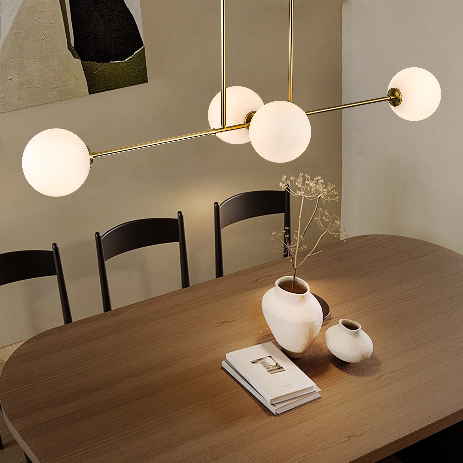 Glowlings 4-Light Modern Glam Globe Opal Glass Aged Brass Linear Pendant Light