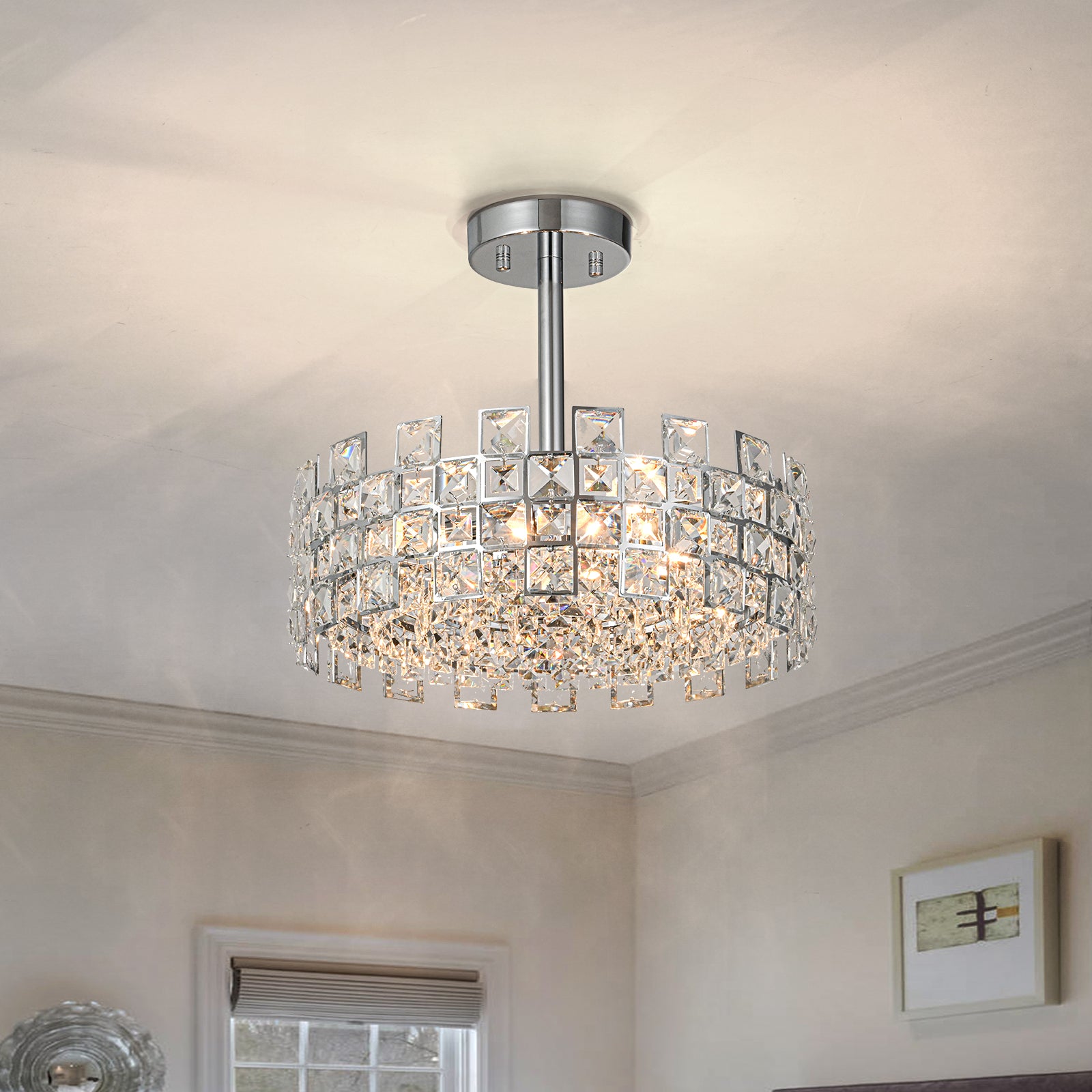 Glowlings 4-Light Modern 15"Wide Glam Round Drum Crystal Semi-Flush Mount