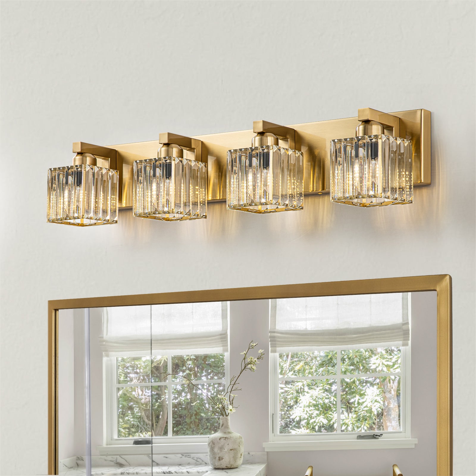 Glowlings 3/4/5-Light Modern Gold Square Crystal Bathroom Vanity Light Bathroom Light Fixtures Over Mirror