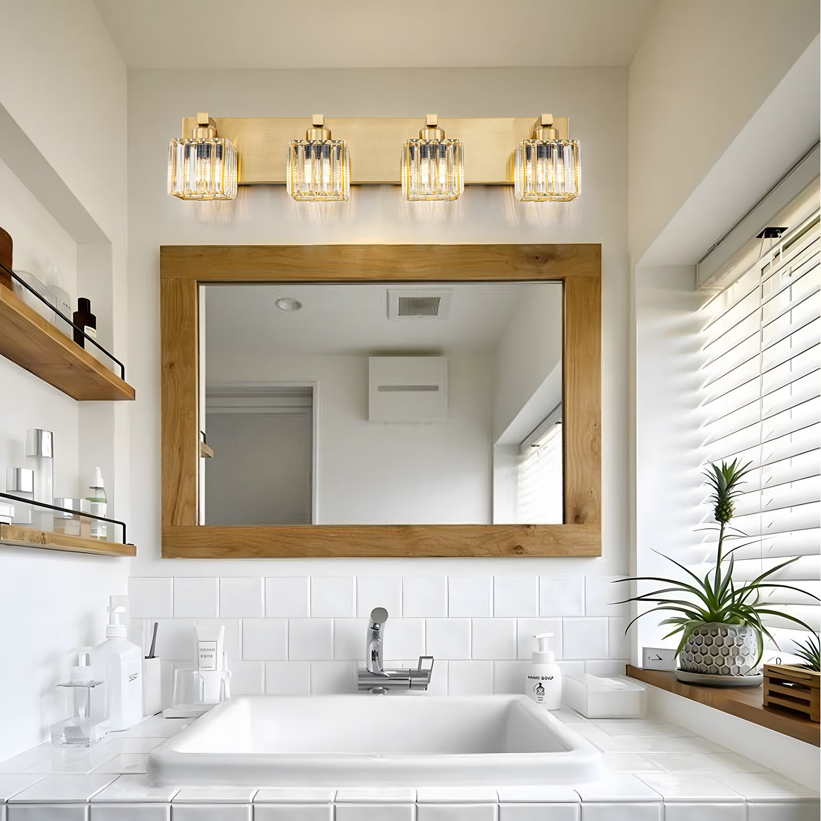 Glowlings 3/4/5-Light Modern Gold Square Crystal Bathroom Vanity Light Bathroom Light Fixtures Over Mirror