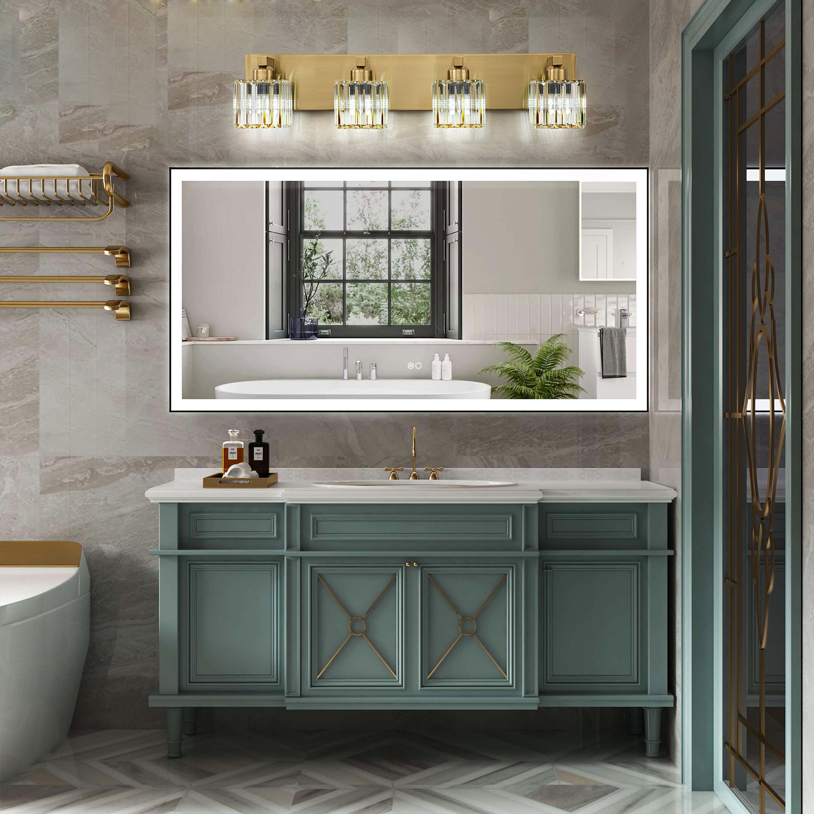 Glowlings 3/4/5-Light Modern Gold Square Crystal Bathroom Vanity Light Bathroom Light Fixtures Over Mirror