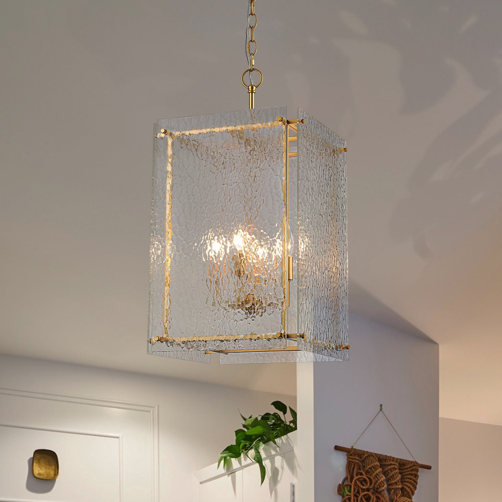 Glowlings 4-Light Modern Gold Square Texture Hammer Glass Lantern Kitchen Pendant Light