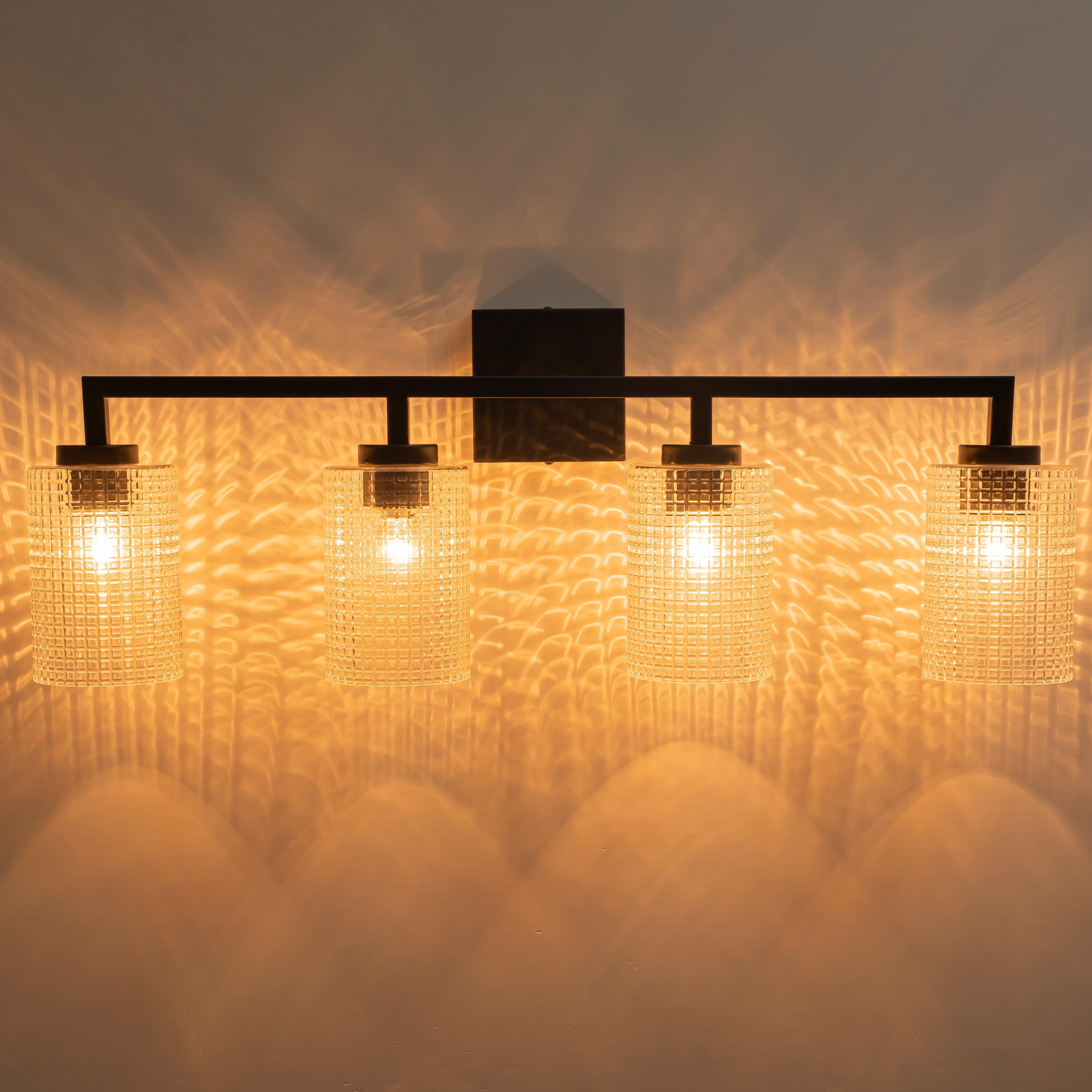 Glowlings 3/4-Light Modern Patterned Textured Glass Cylinder Bathroom Vanity Light Wall Sconce for Mirror Cabinet