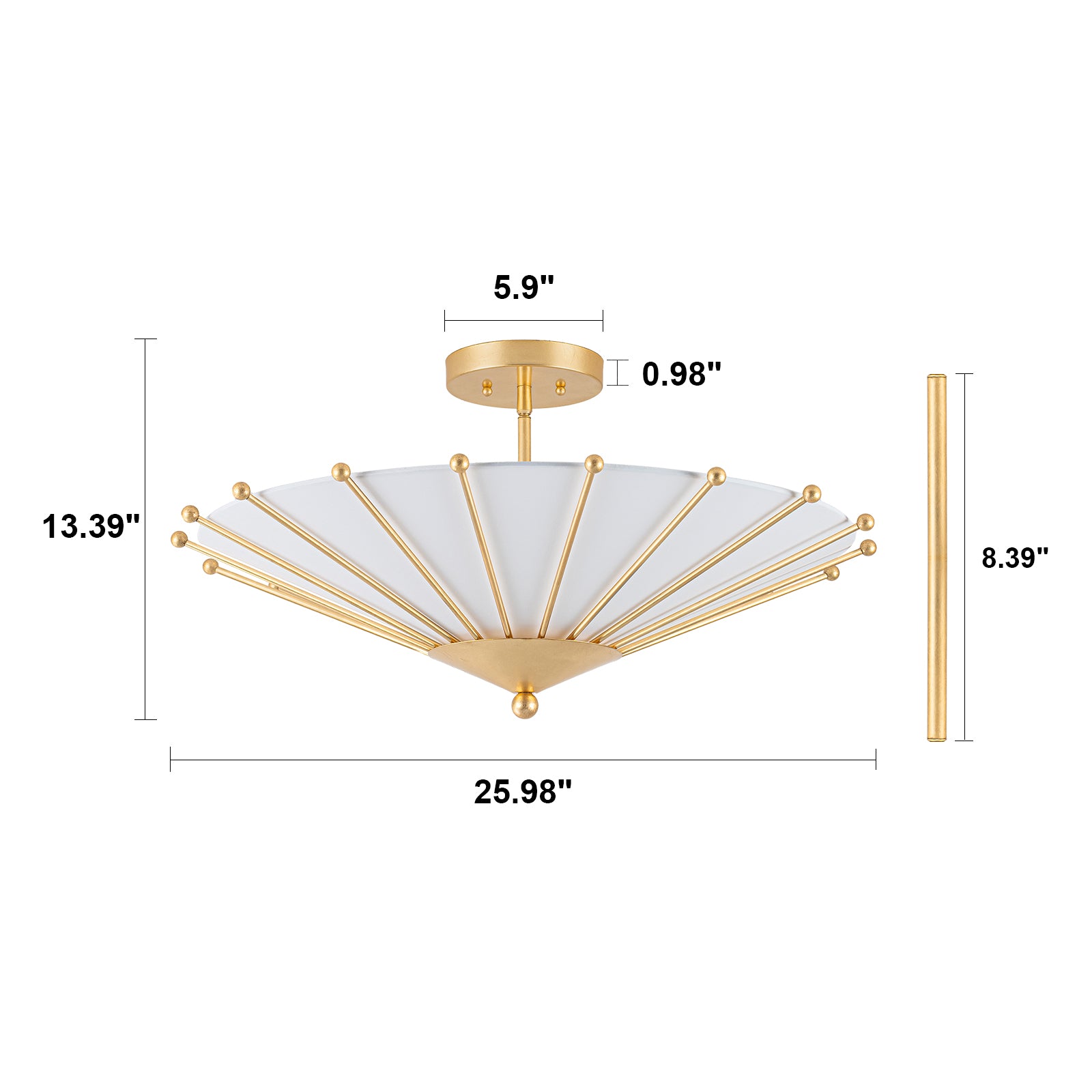Glowlings 4-Light Modern Hand-Applied Gold Leaf Sputnik Semi Flush Mount Ceiling Light with White Fabric Linen Shade
