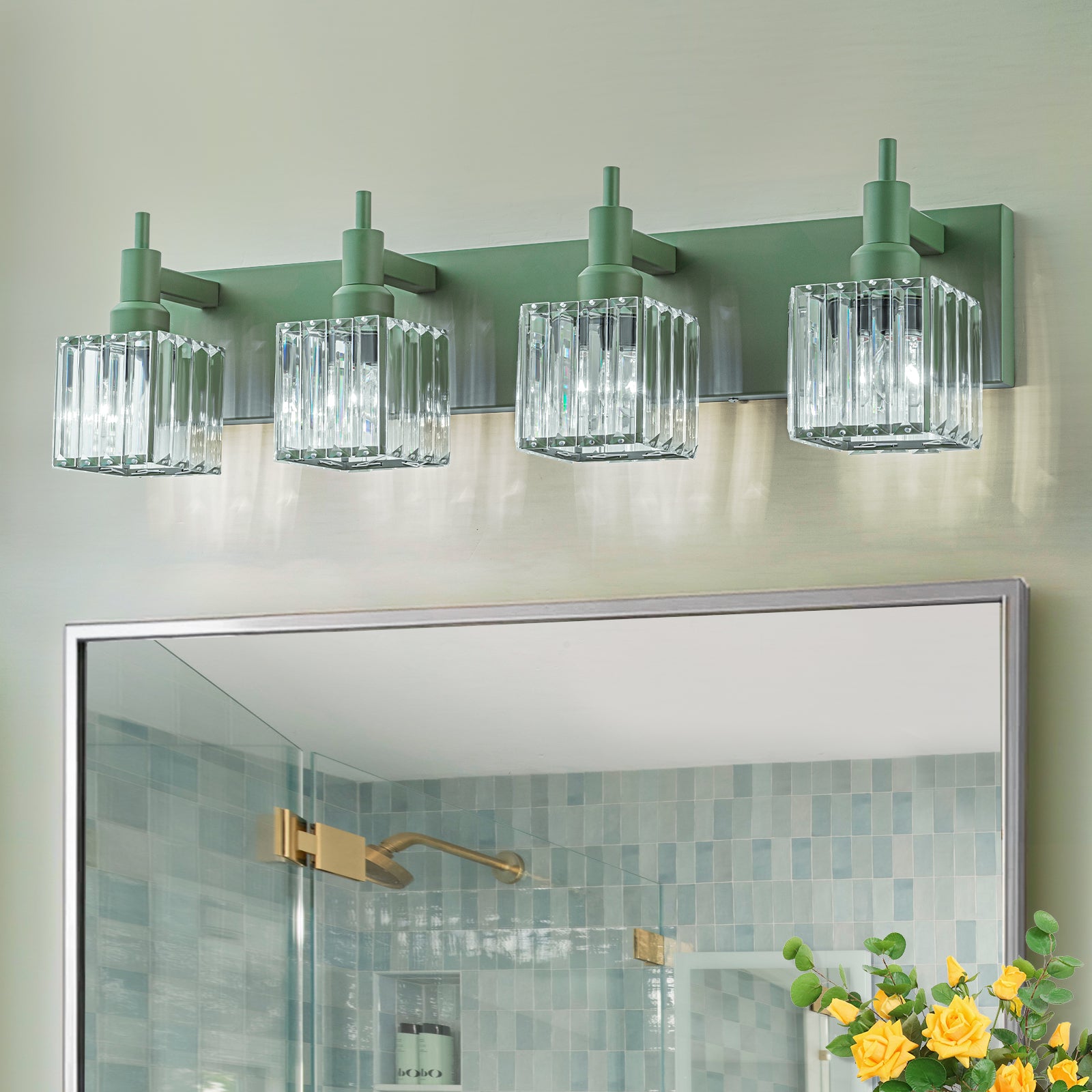 Glowlings 3-Light Modern Macaron Green Square Bathroom Vanity Light Over Mirror
