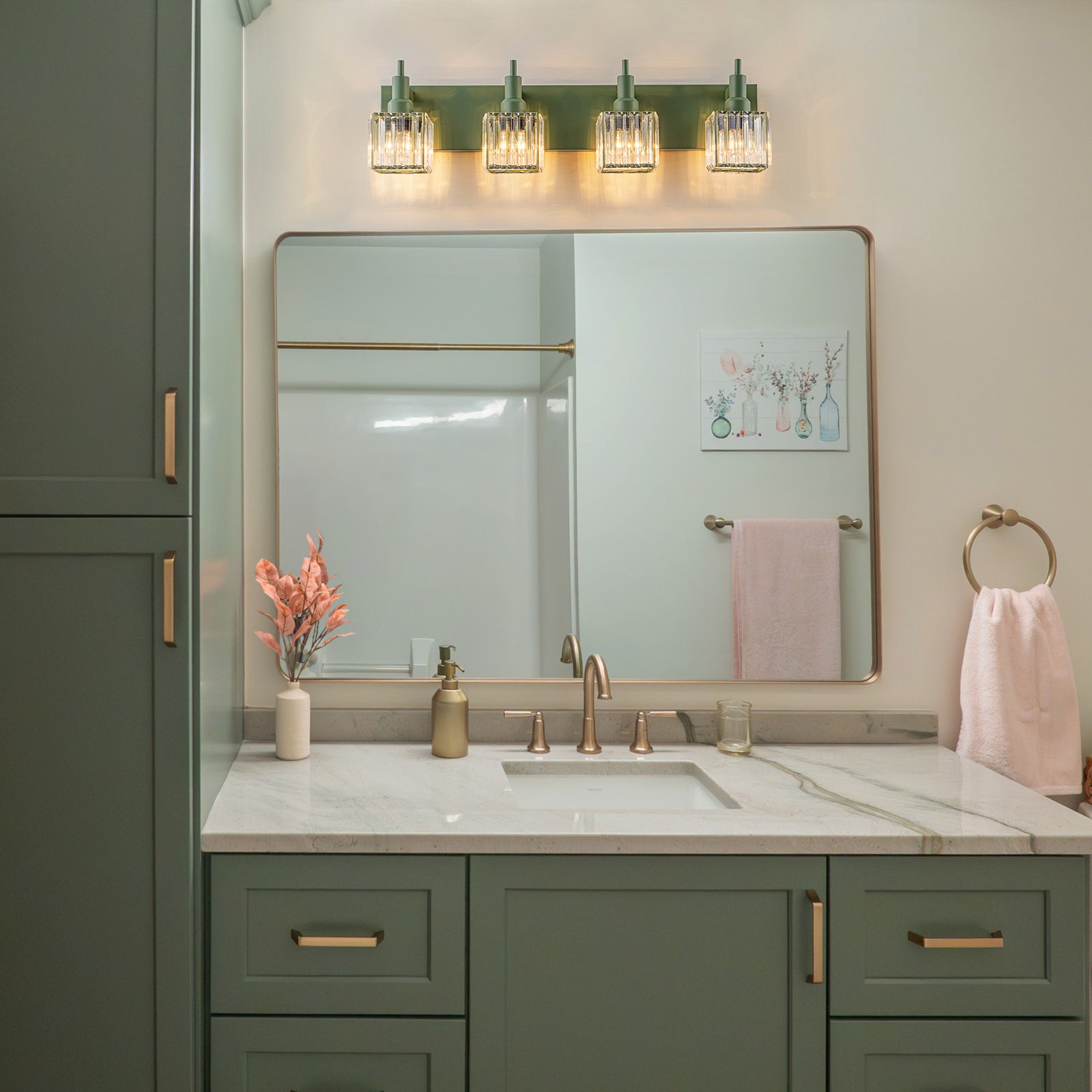 Glowlings 3-Light Modern Macaron Green Square Bathroom Vanity Light Over Mirror