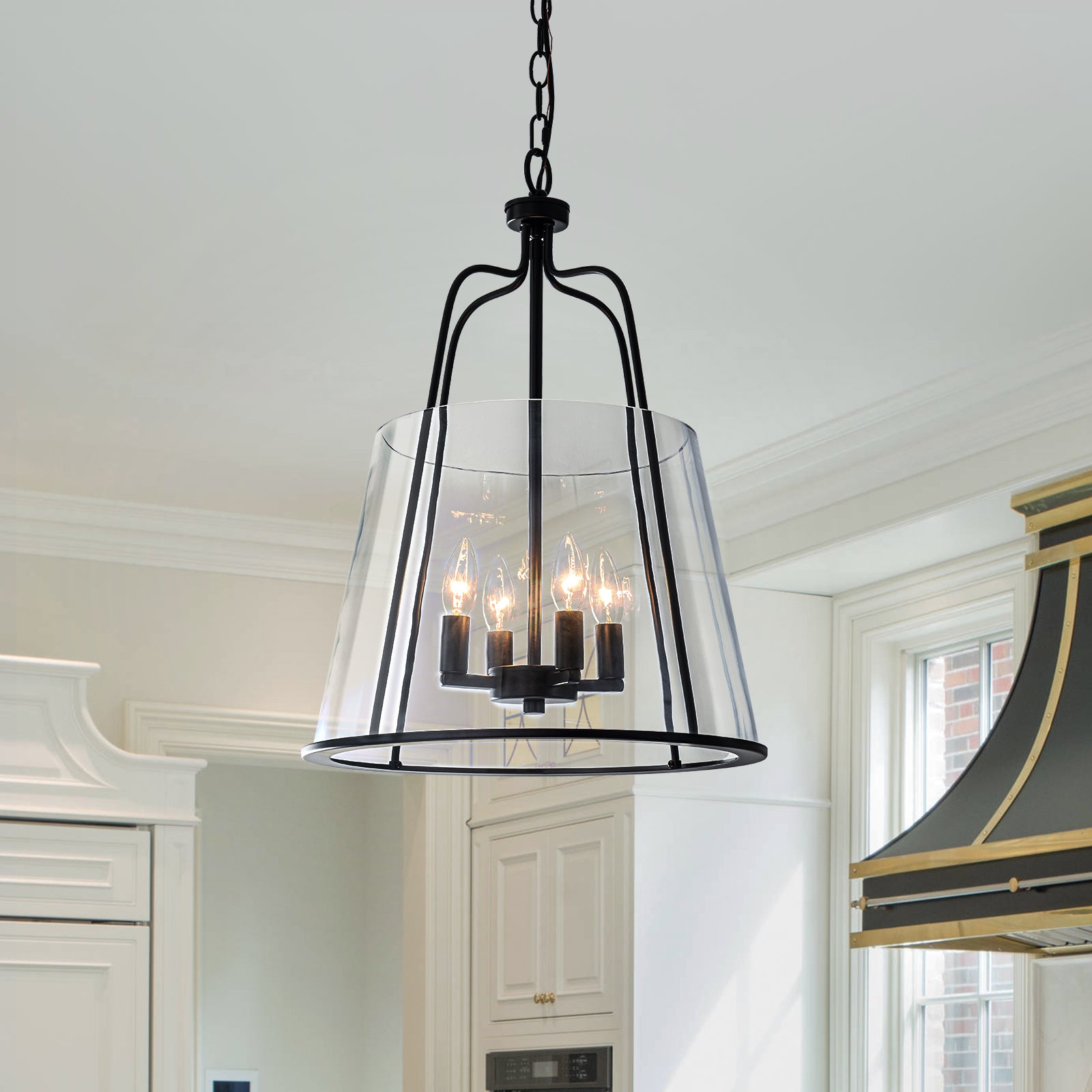 Glowlings 4-Light Modern 16"Wide Matte Black Cone Clear Glass Pendant Light Island Light