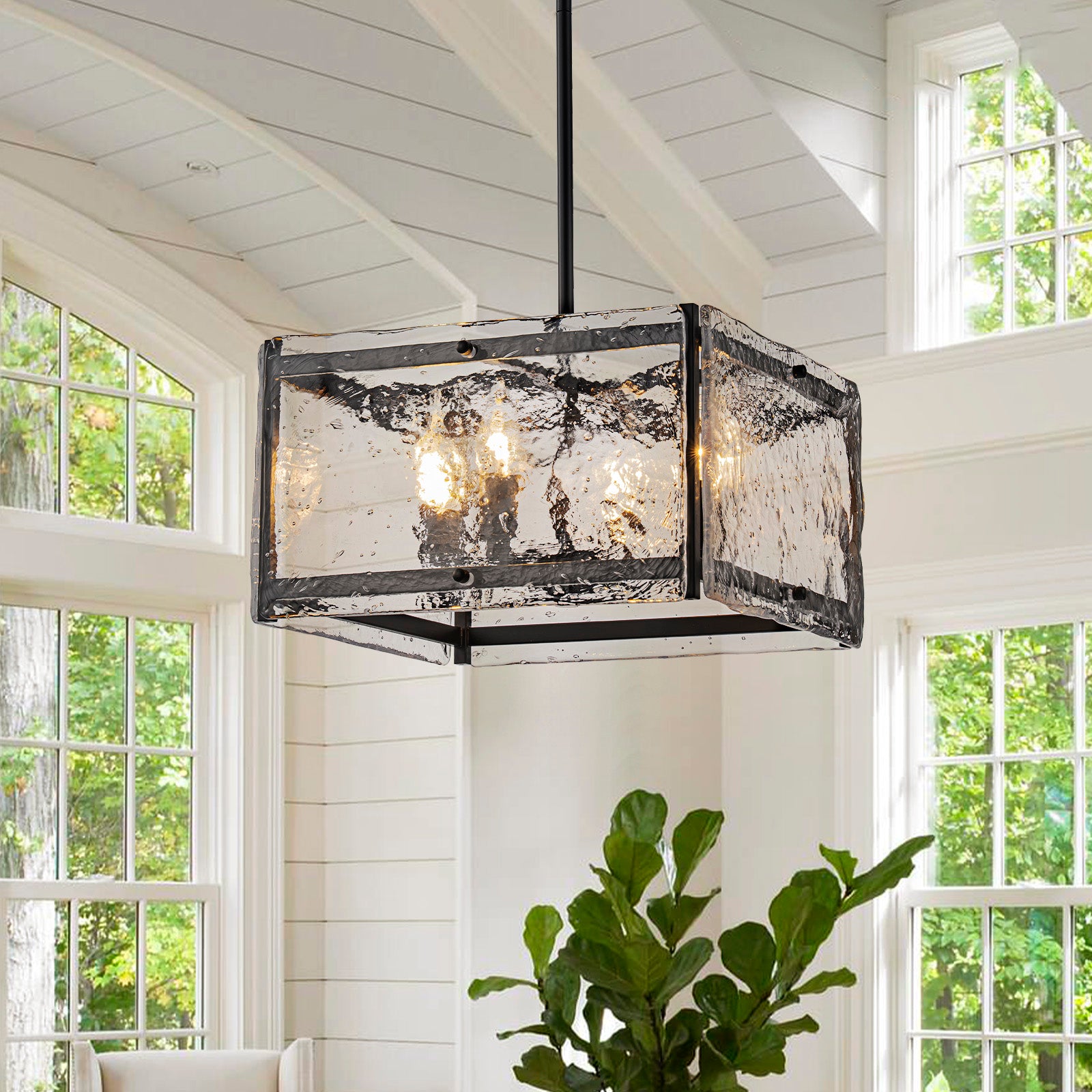 Glowlings 4-light Modern 16"Wide Square Water Ripple Seeded Glass Chandelier