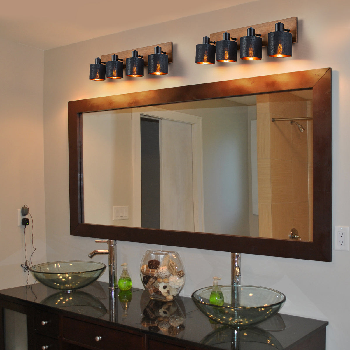 Glowlings 4-Light Modern 180° Swivel Adjustable Wood Bathroom Vanity Light with Black Fabric Shades & Gold Interior