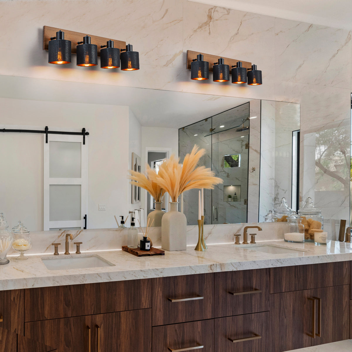 Glowlings 4-Light Modern 180° Swivel Adjustable Wood Bathroom Vanity Light with Black Fabric Shades & Gold Interior