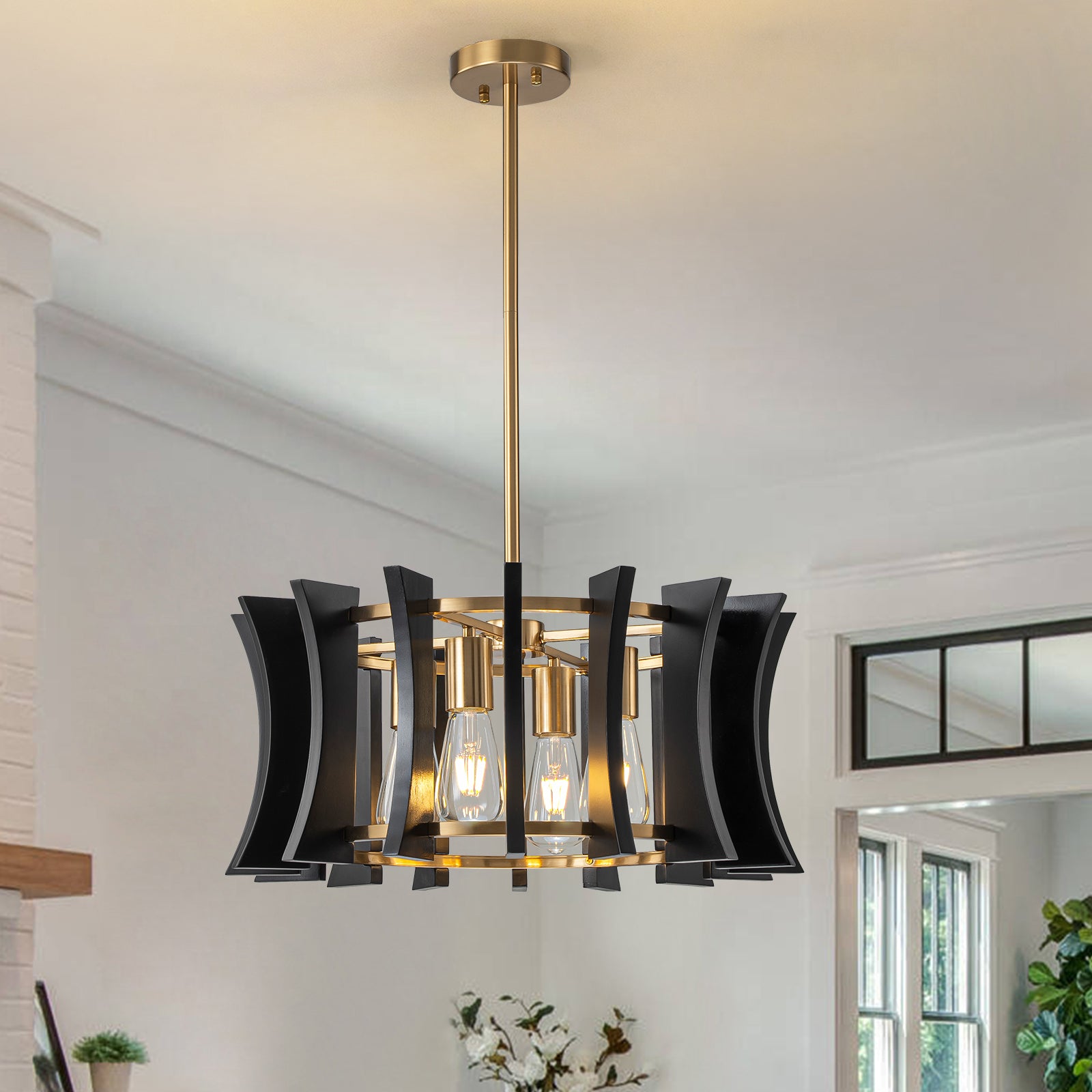Glowlings 4-Light Retro 21"Wide Aged Brass Drum Black Wooden Pendant Light