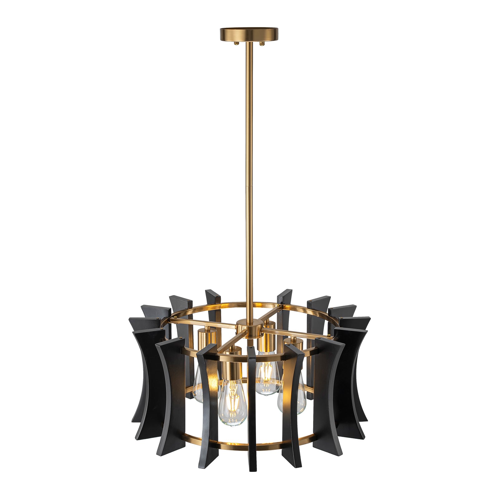Glowlings 4-Light Retro 21"Wide Aged Brass Drum Black Wooden Pendant Light