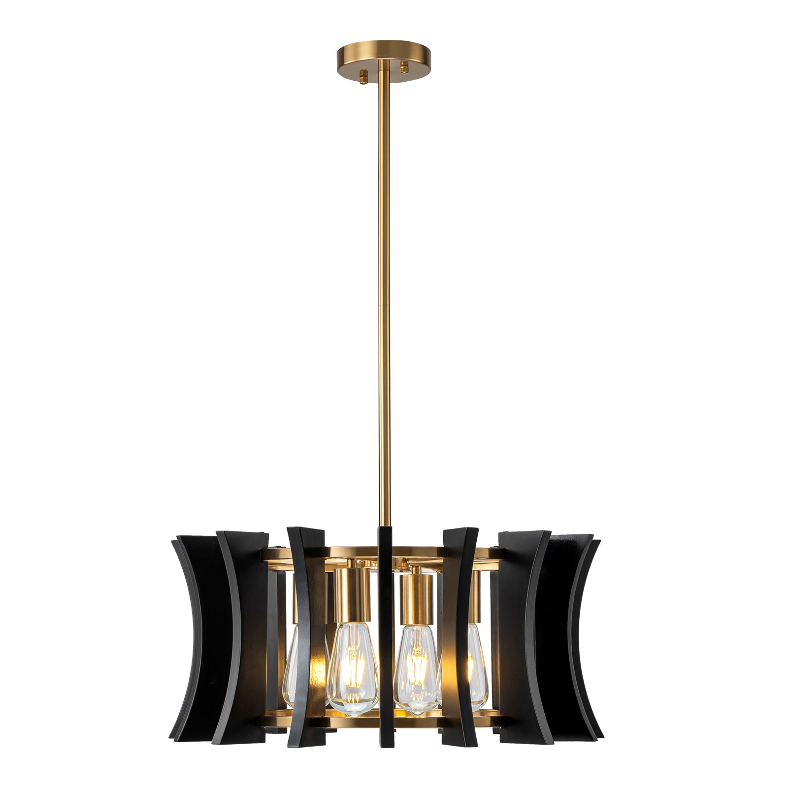 Glowlings 4-Light Retro 21"Wide Aged Brass Drum Black Wooden Pendant Light