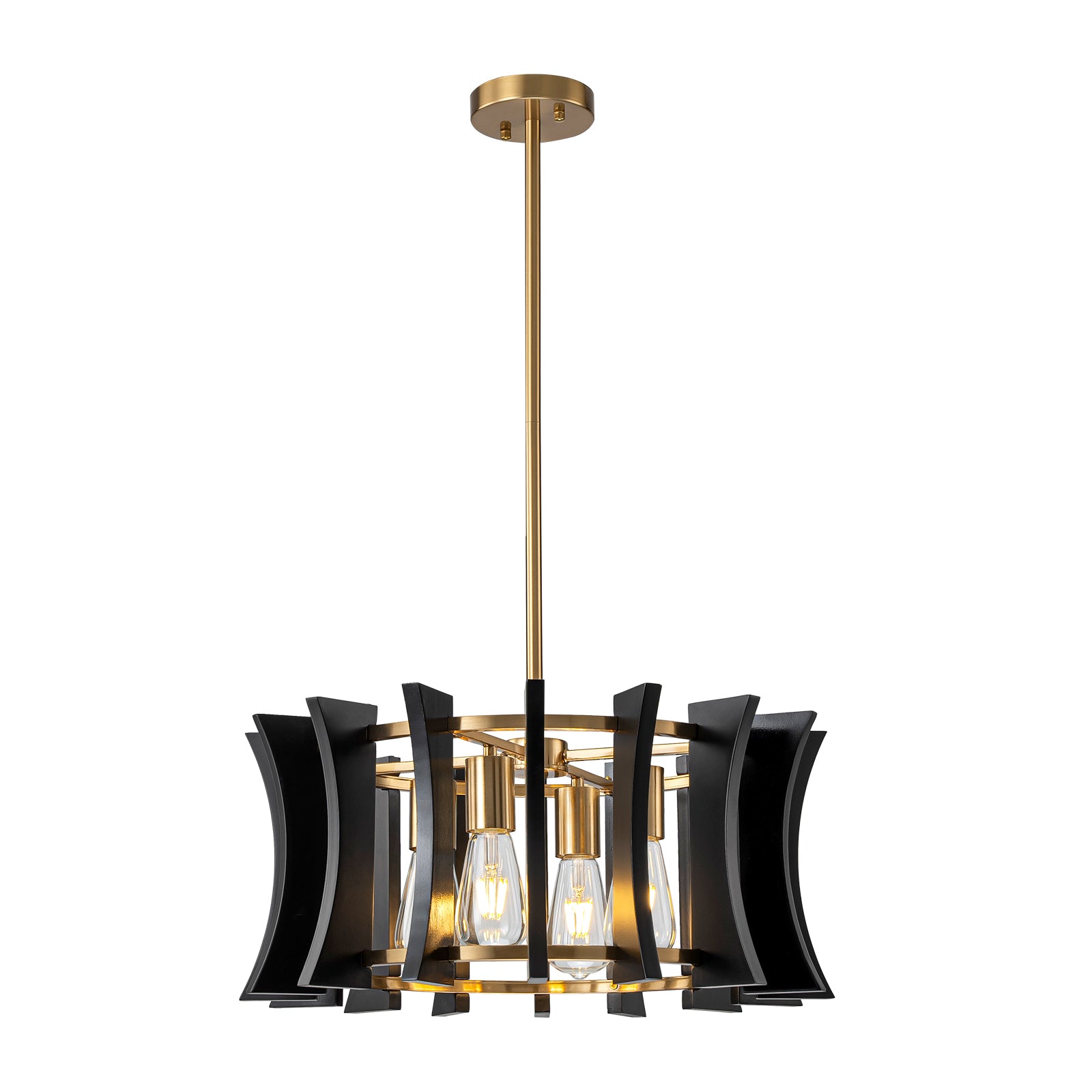 Glowlings 4-Light Retro 21"Wide Aged Brass Drum Black Wooden Pendant Light