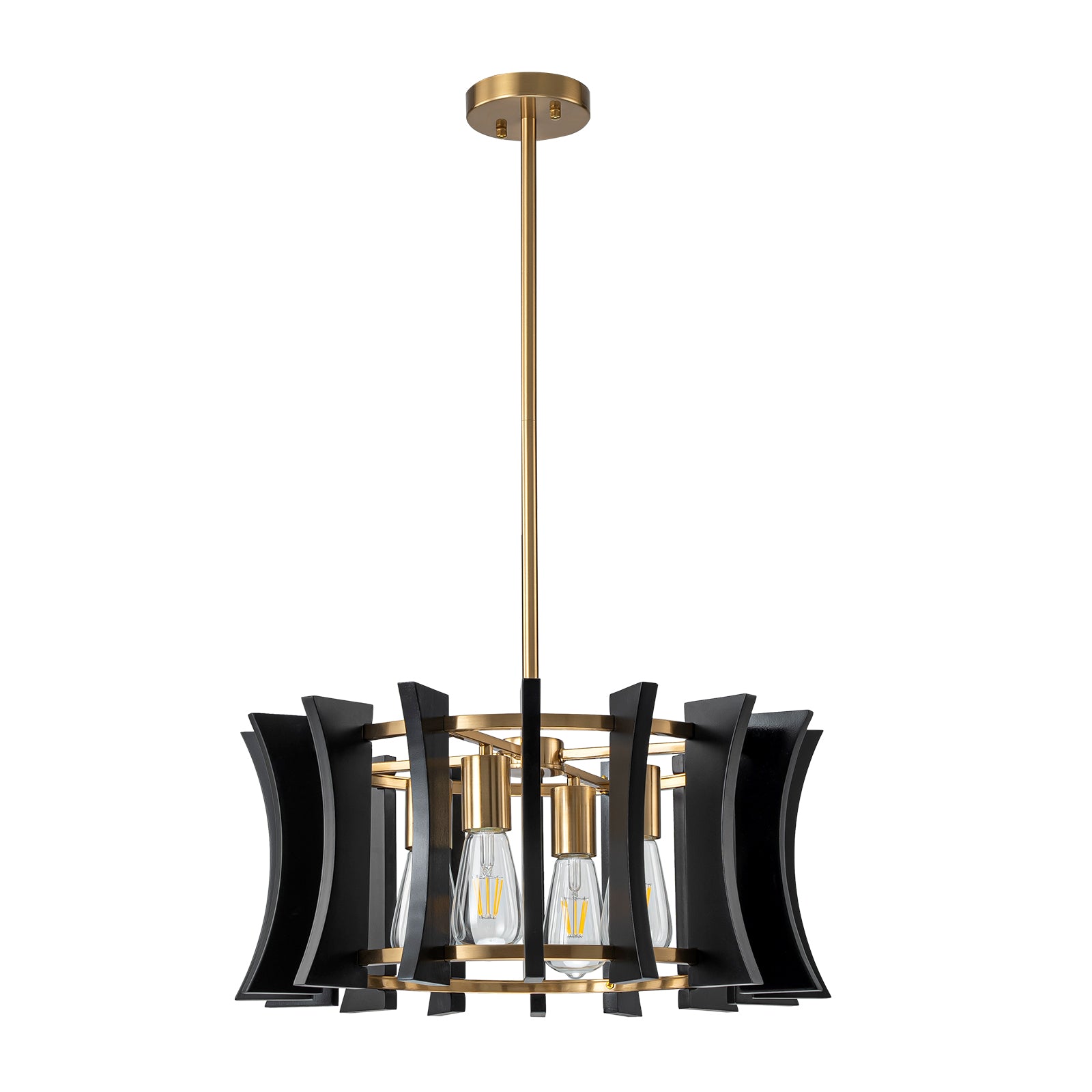 Glowlings 4-Light Retro 21"Wide Aged Brass Drum Black Wooden Pendant Light