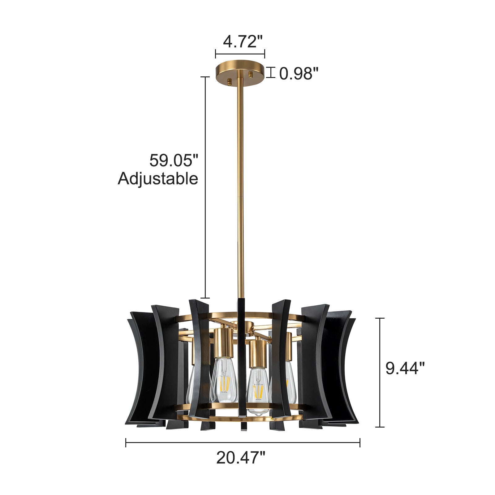 Glowlings 4-Light Retro 21"Wide Aged Brass Drum Black Wooden Pendant Light