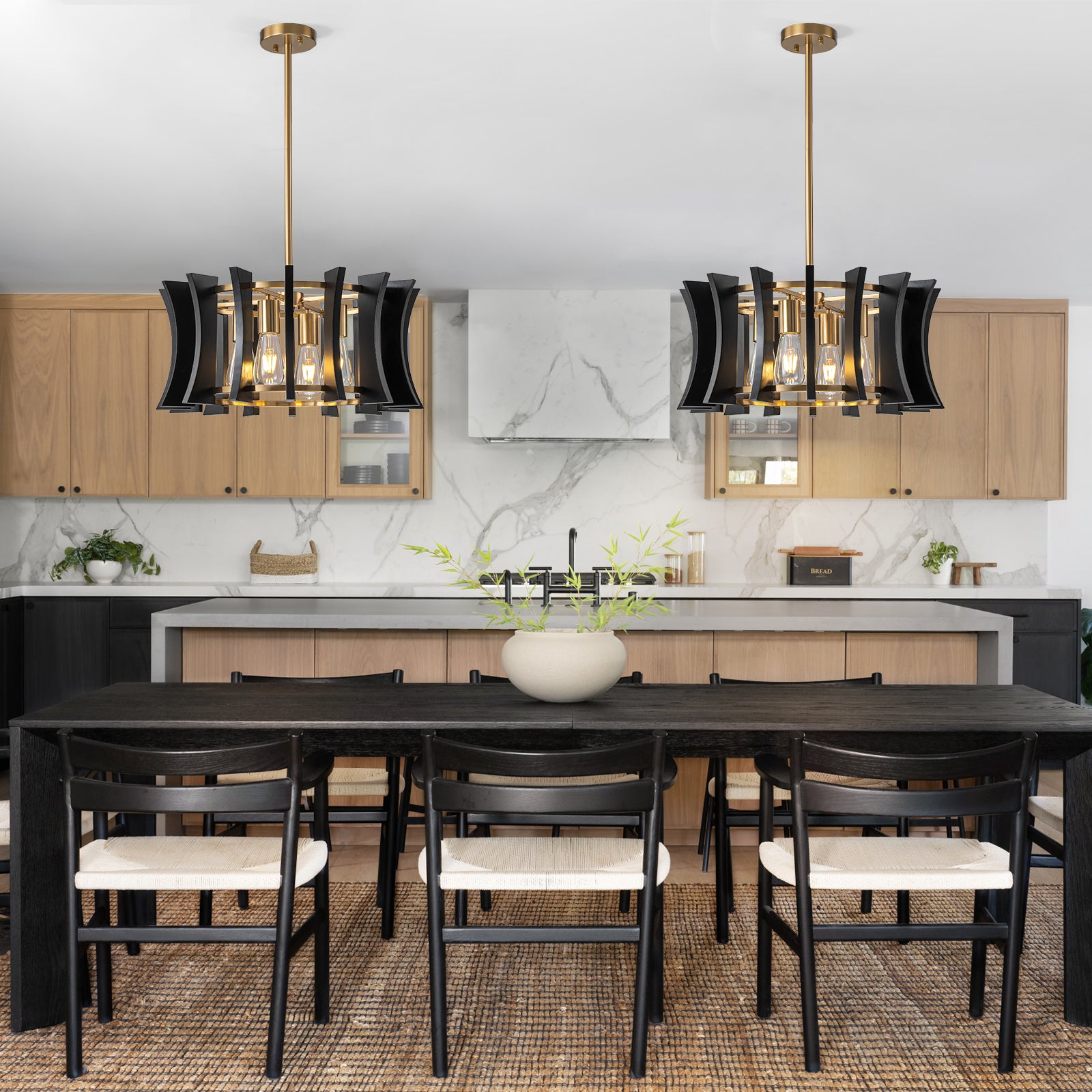 Glowlings 4-Light Retro 21"Wide Aged Brass Drum Black Wooden Pendant Light