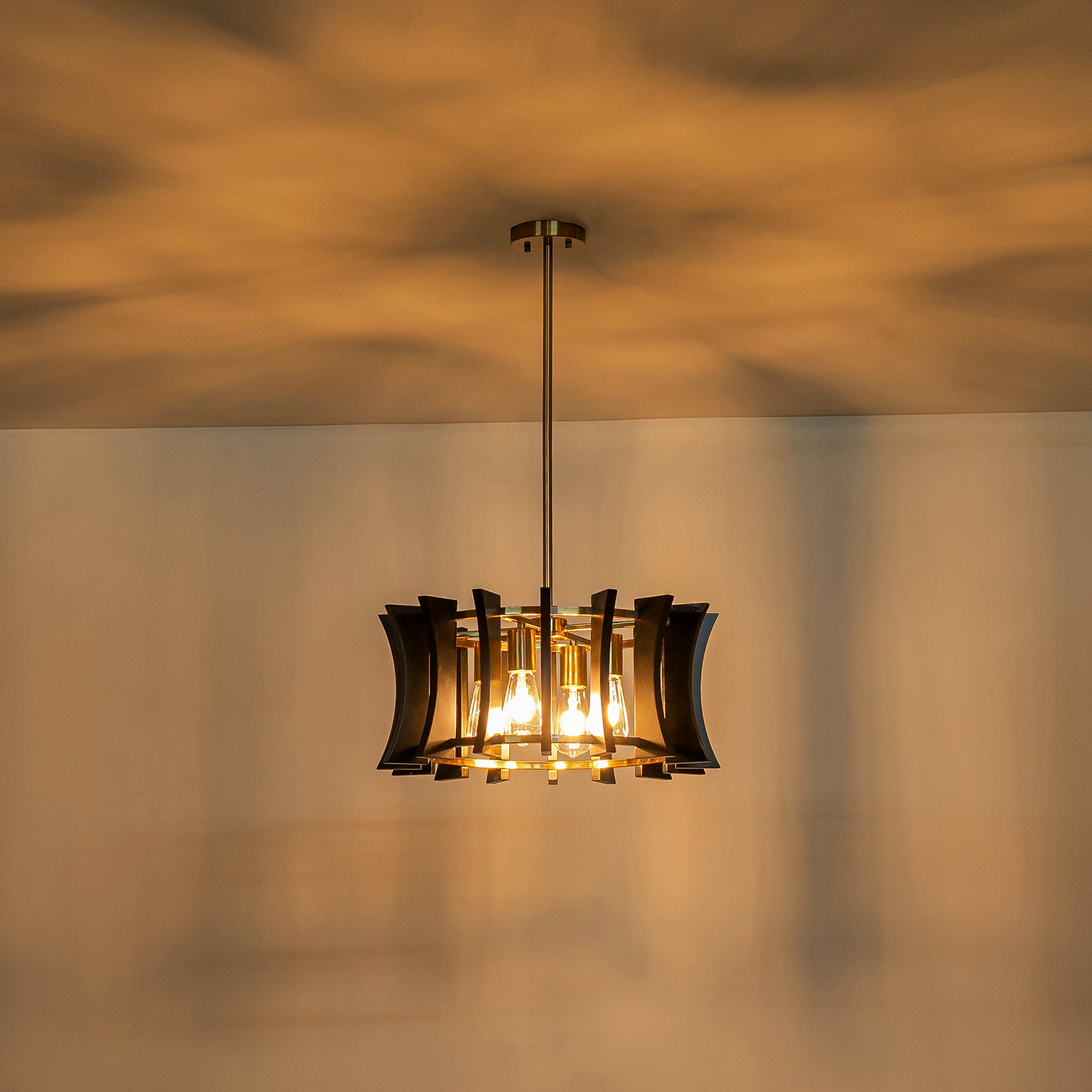 Glowlings 4-Light Retro 21"Wide Aged Brass Drum Black Wooden Pendant Light