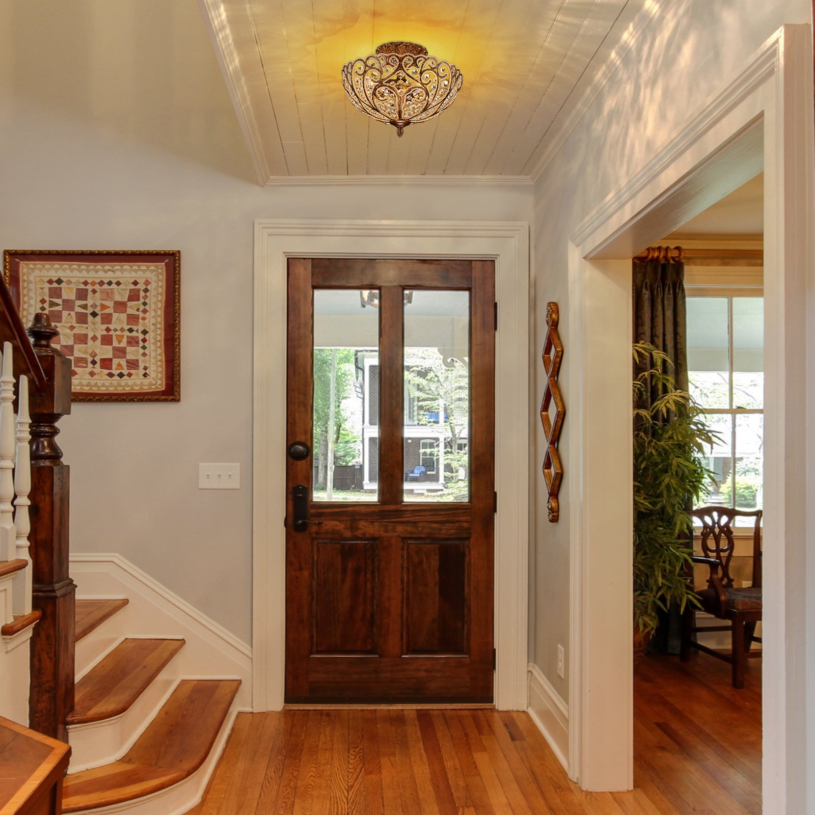 Glowlings 4-Light Vintage 14"Wide Aged Gold Leaf Crystal Semi-Flush Mount Ceiling Light