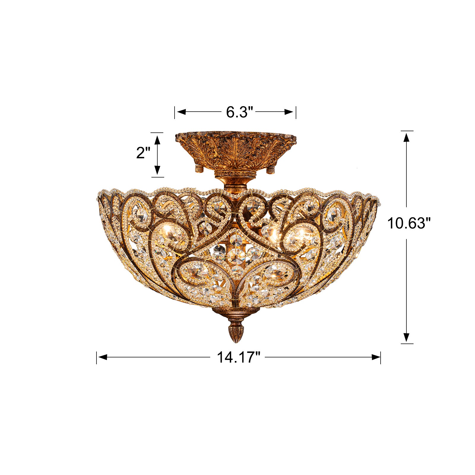Glowlings 4-Light Vintage 14"Wide Aged Gold Leaf Crystal Semi-Flush Mount Ceiling Light