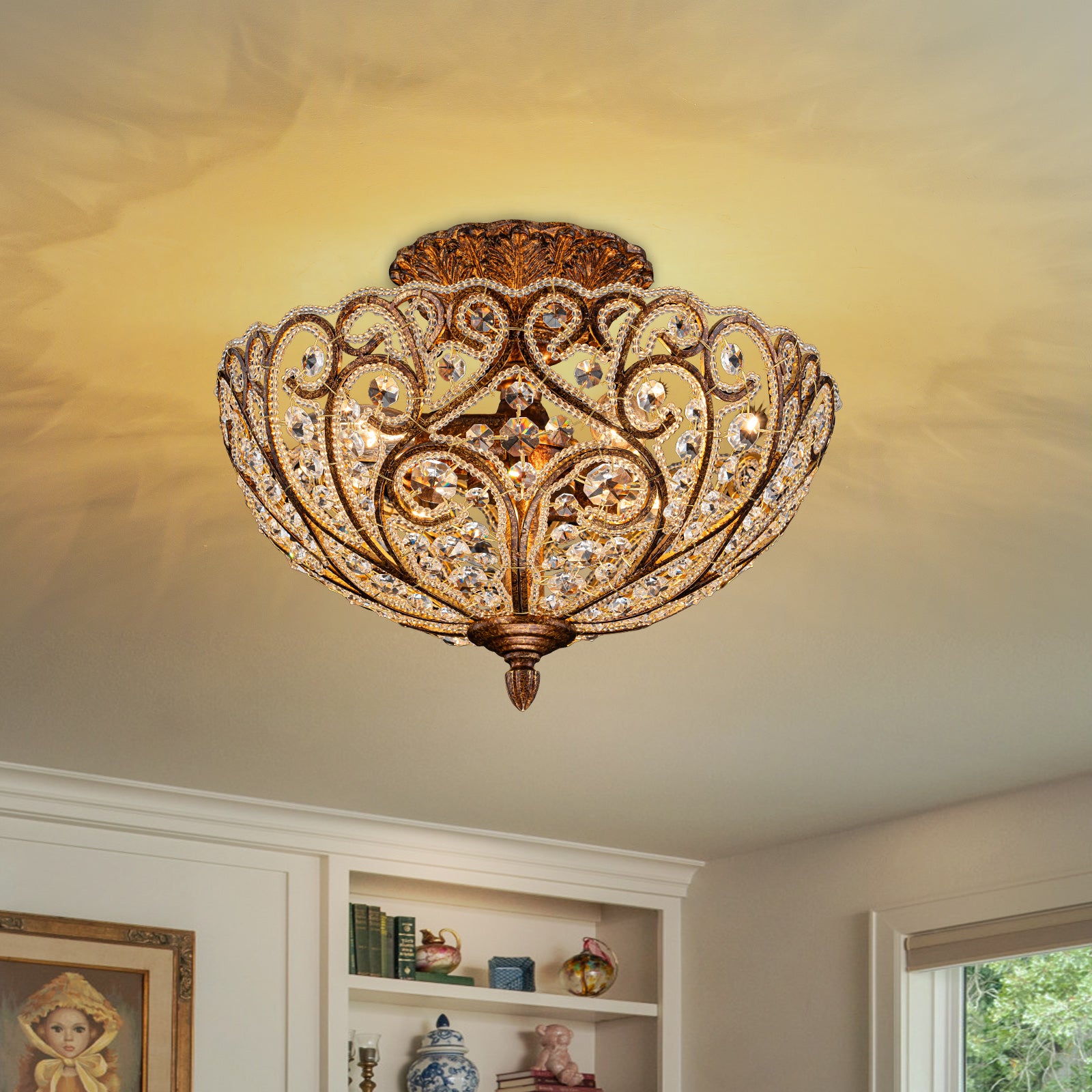 Glowlings 4-Light Vintage 14"Wide Aged Gold Leaf Crystal Semi-Flush Mount Ceiling Light