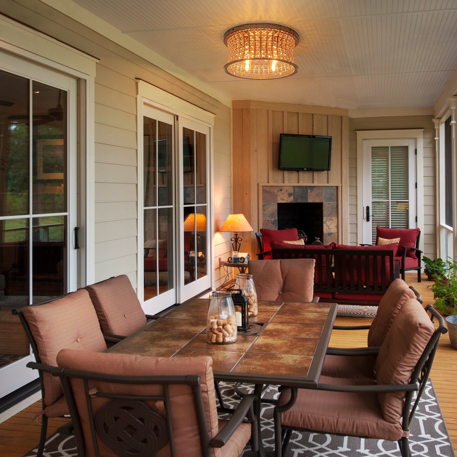 Glowlings 4-Light Vintage 16"Wide Antique Brass Curved Round Crystal Flush Mount Ceiling Light