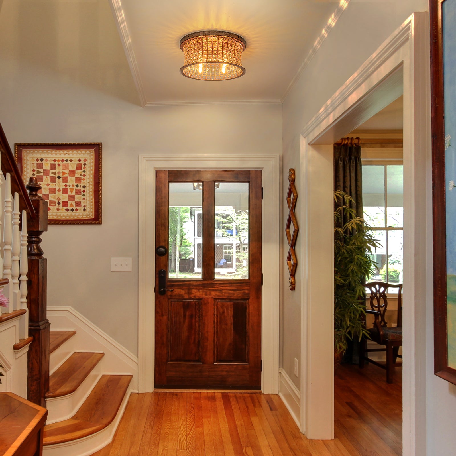 Glowlings 4-Light Vintage 16"Wide Antique Brass Curved Round Crystal Flush Mount Ceiling Light