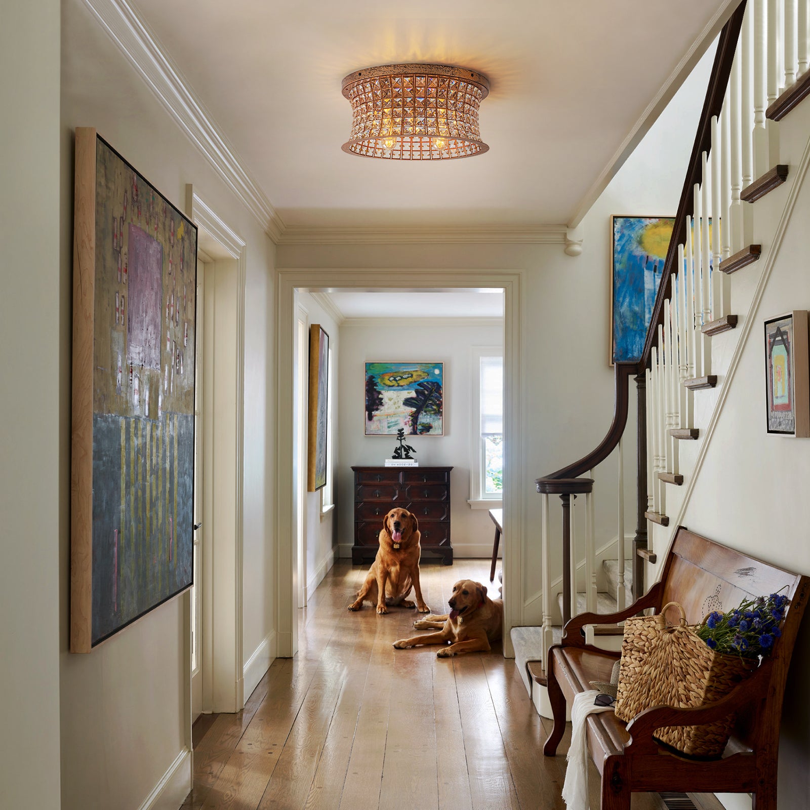 Glowlings 4-Light Vintage 16"Wide Antique Brass Curved Round Crystal Flush Mount Ceiling Light