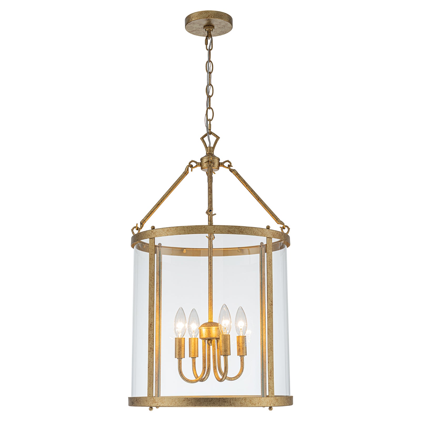 Glowlings 4-Light Vintage 16"Wide Antique Gold/Black Clear Glass Cylinder Lantern Chandelier